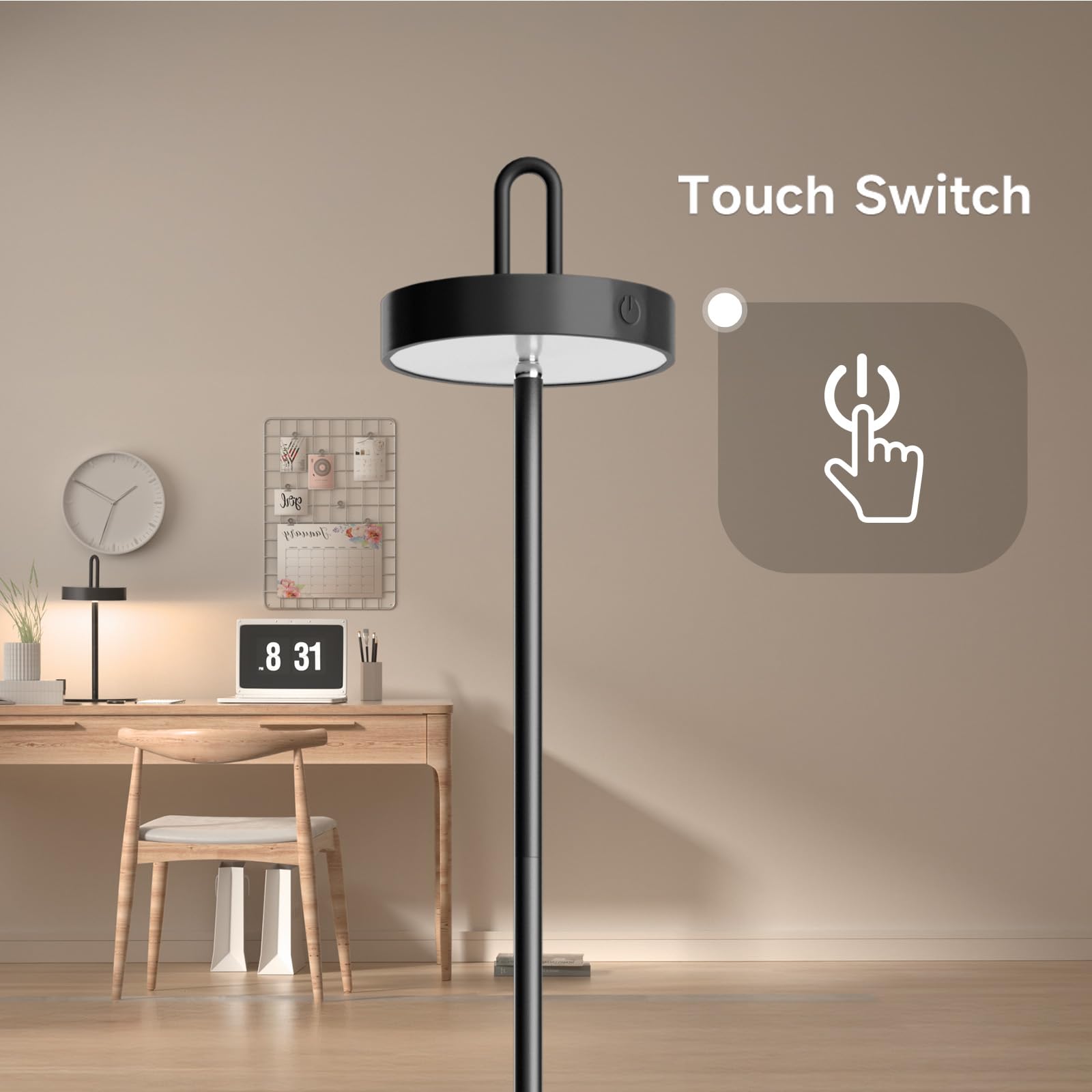 OGACFO Cordless Floor Lamp - Rechargeable LED, Touch Control, 3 Color Dimmable, Waterproof, Portable, Black, Model YYLDD002BK