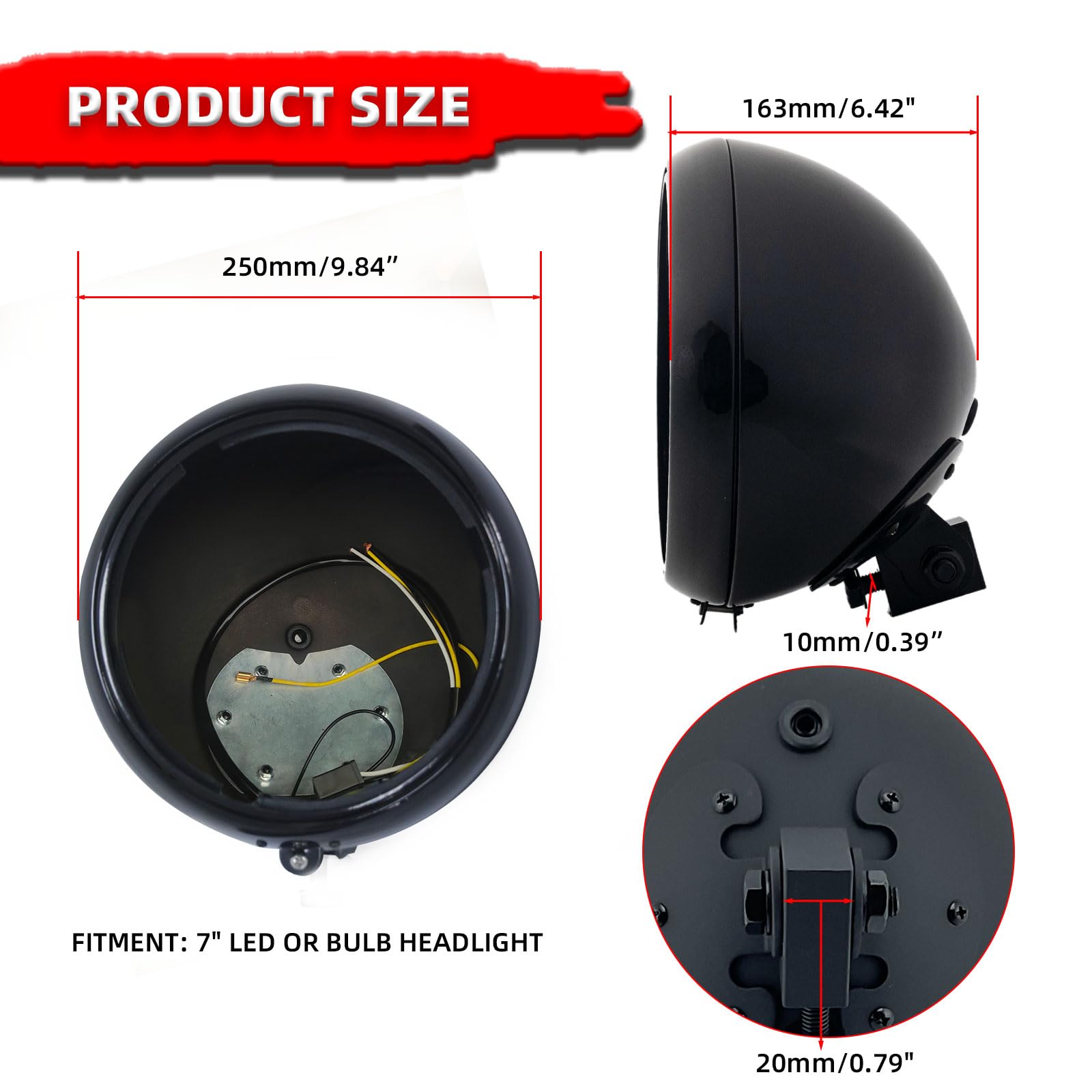 FATECIM 7in Round Motorcycle Headlight Bucket Heavy Duty Gloss Black FTC-1057