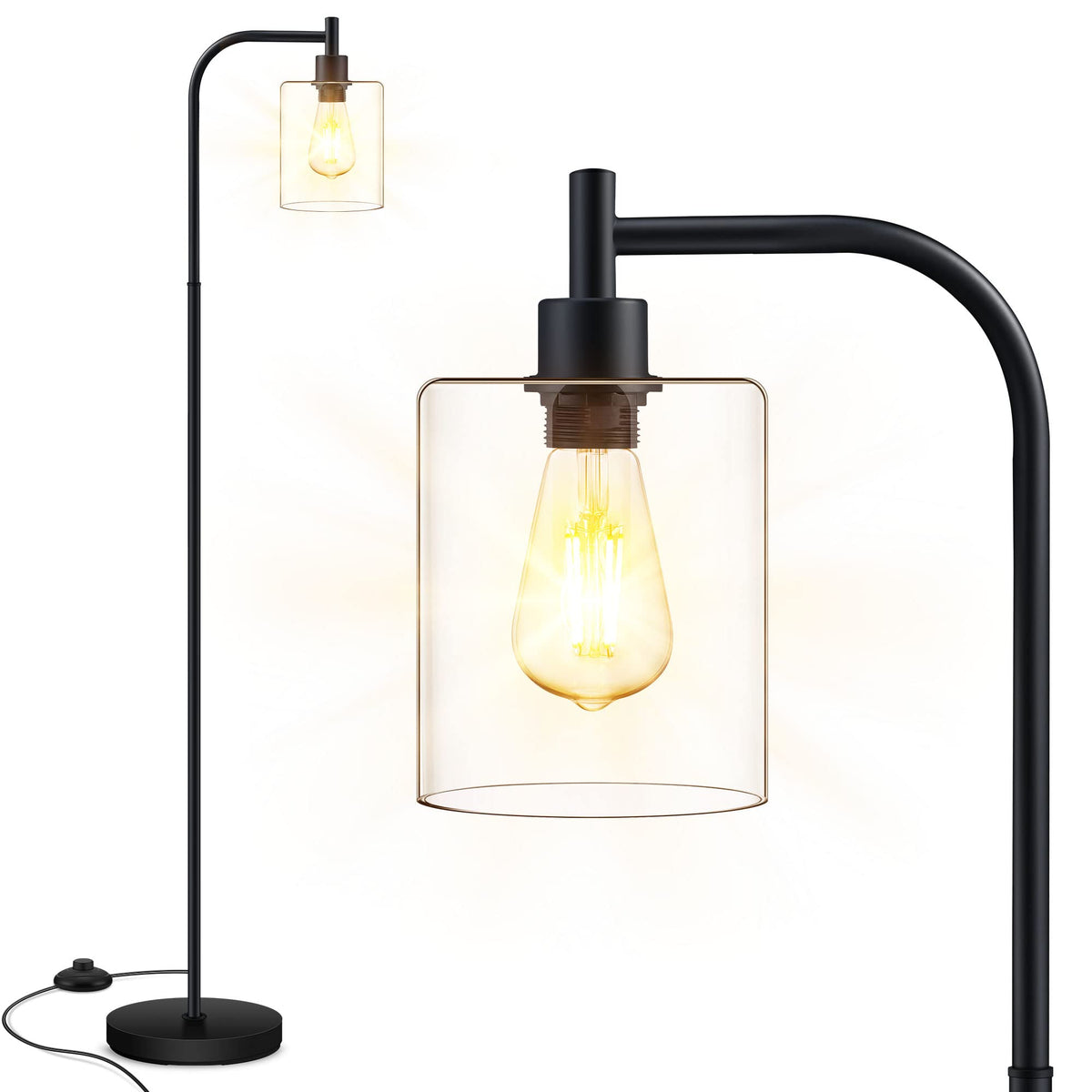 Boostarea Floor Lamp, Standing Lamp With Glass Lampshade, 6W Led Bulb Included, Modern Floor Lamp With Foot Switch, Industrial F