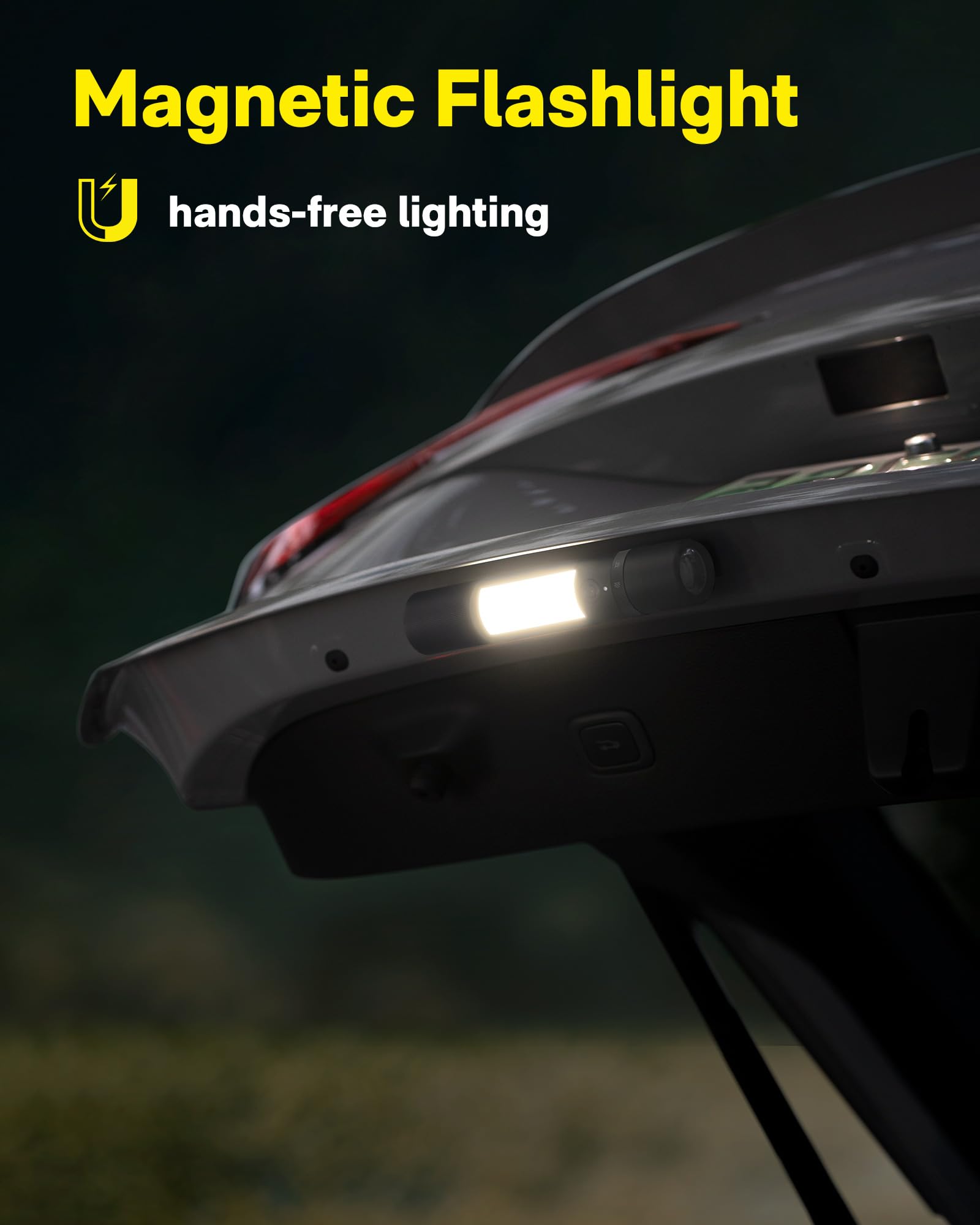 HOTO Rechargeable Emergency Flashlight, Magnetic LED, High Lumens, Window Breaker, Black, Model QWSDT004