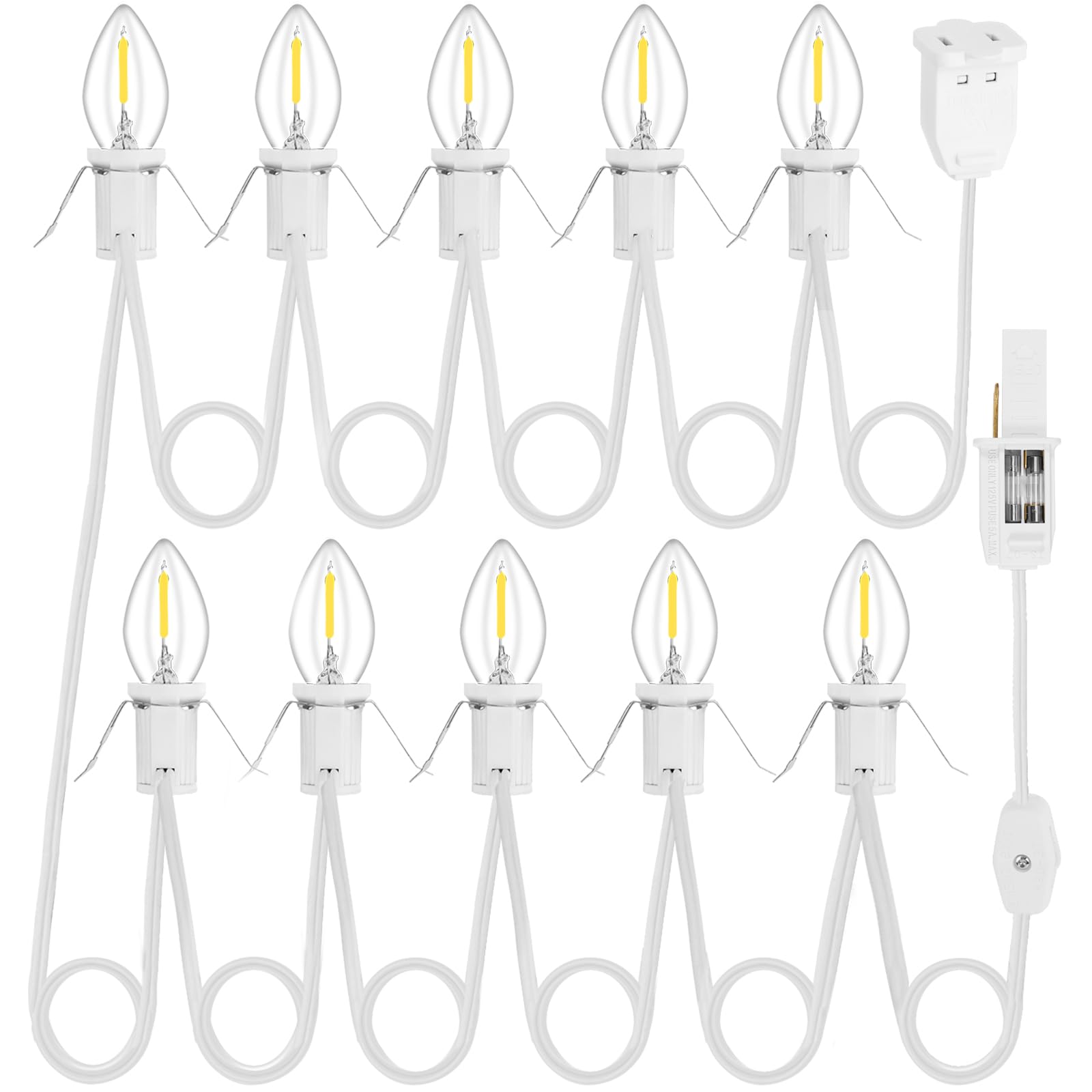 1Pack Accessory Cord with 10LED Light Bulbs and Outlet Christmas Village Light 17.7FT White Cord Warm White C7 Lamp Christmas Village Accessories for Halloween Pumpkins Christmas Village Houses