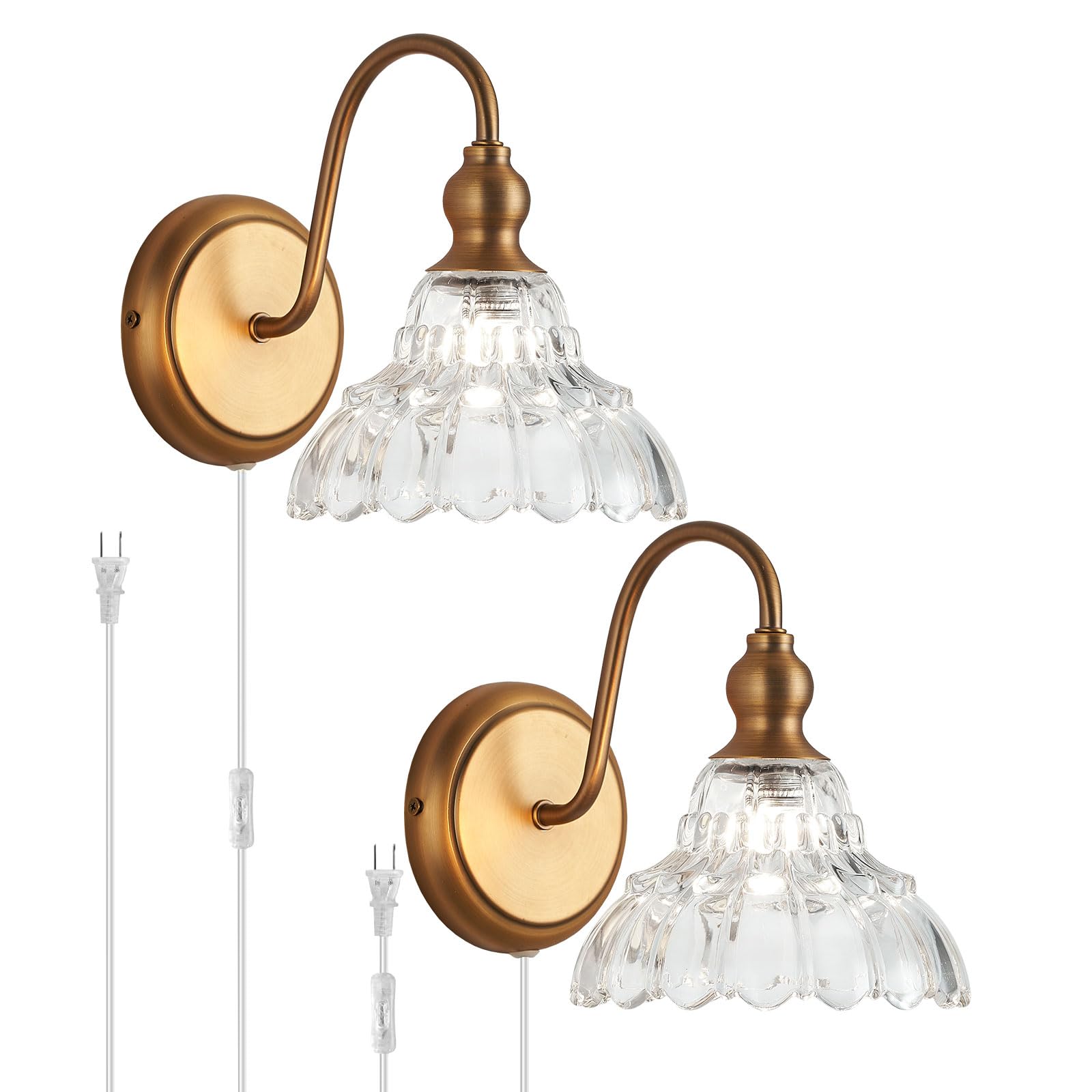 Tlolgt Plug In Vintage Wall Sconces Set Of Two Brass Modern Wall Light Fixtures Antique Vanity Lights For Living Room Fireplace Bathroom Bedroom Coffee Room