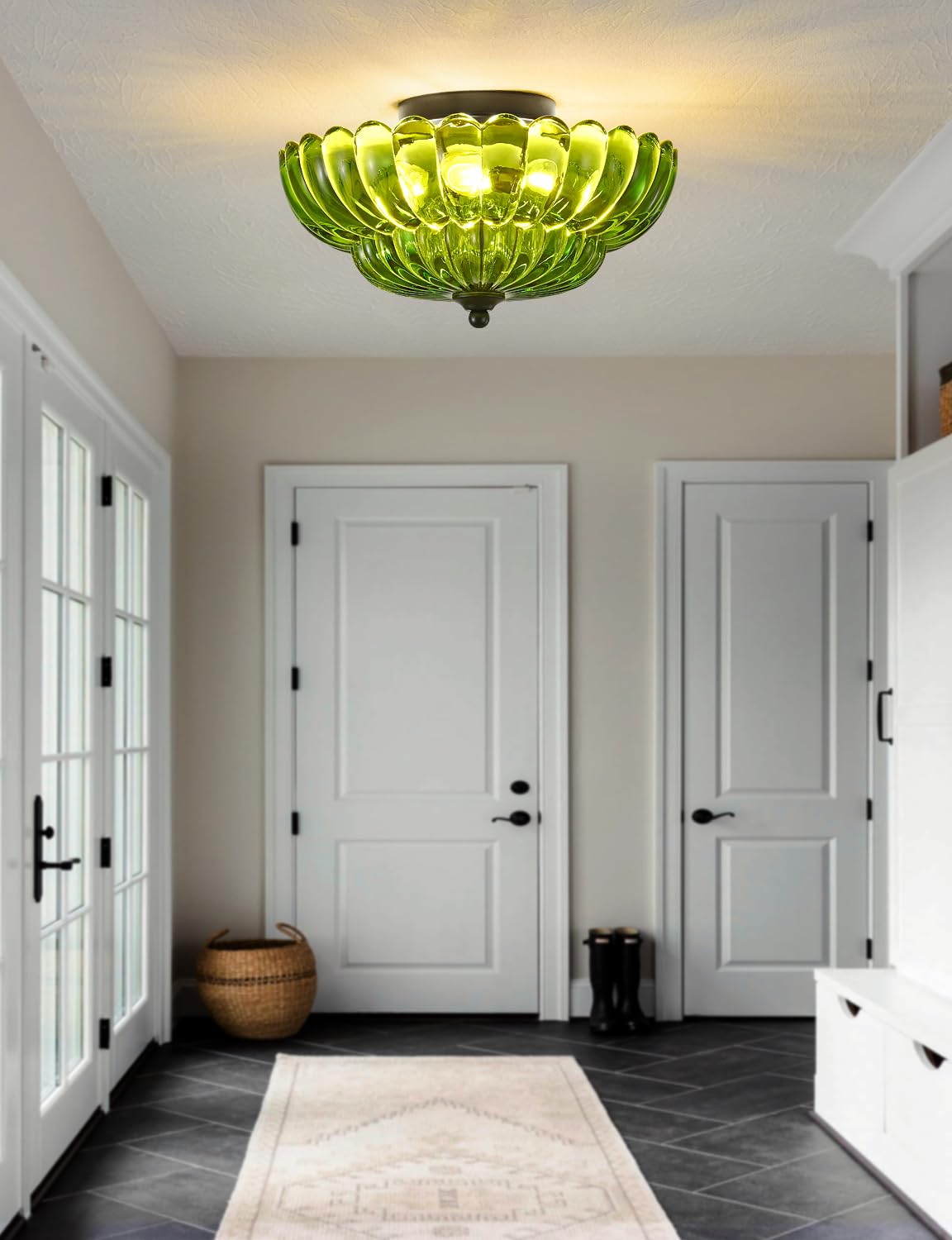 SIJINCHEN Semi Flush Mount Ceiling Light, 3-Bulb, Green Glass, 11.8 inch, Vintage Design for Bedroom, Kitchen, Living Room