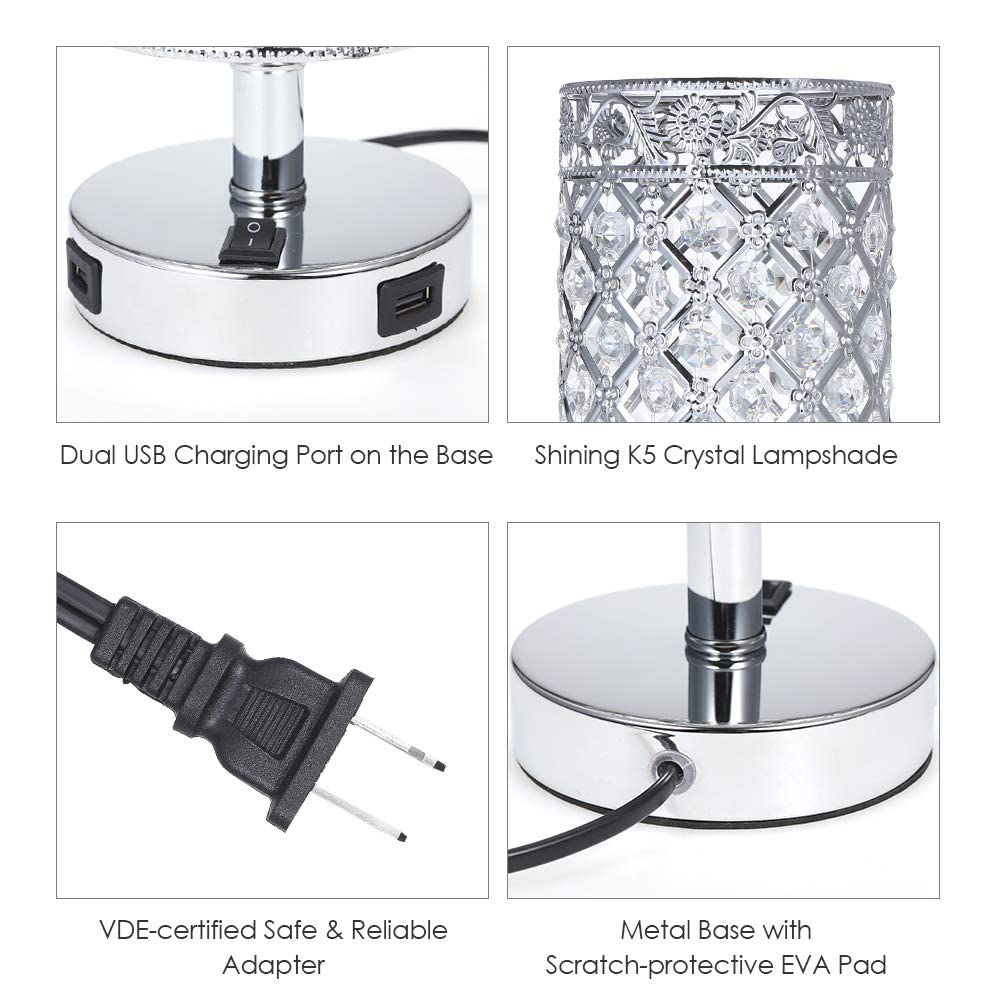 Tomshine USB Crystal Table Lamp Set of 2, Modern Silver Nightstand Lamps with USB Charging Ports, Model VC070
