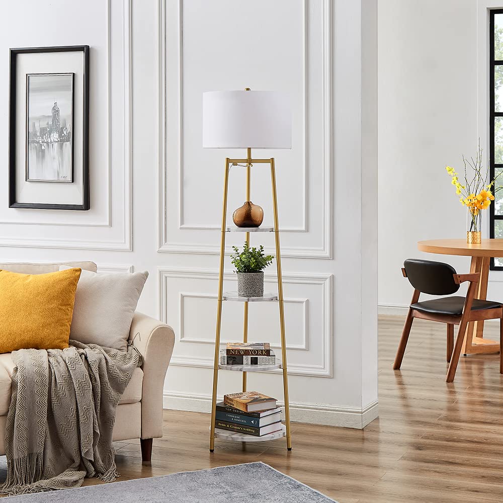 ROSEN GARDEN Floor Lamp  Standing Reading Light with Shelves and Fabric Shade  Modern Tall Pole Lamp  Accent Furniture D?cor Lighting for Living Room  Bedrooms (Gold  4-Tier)