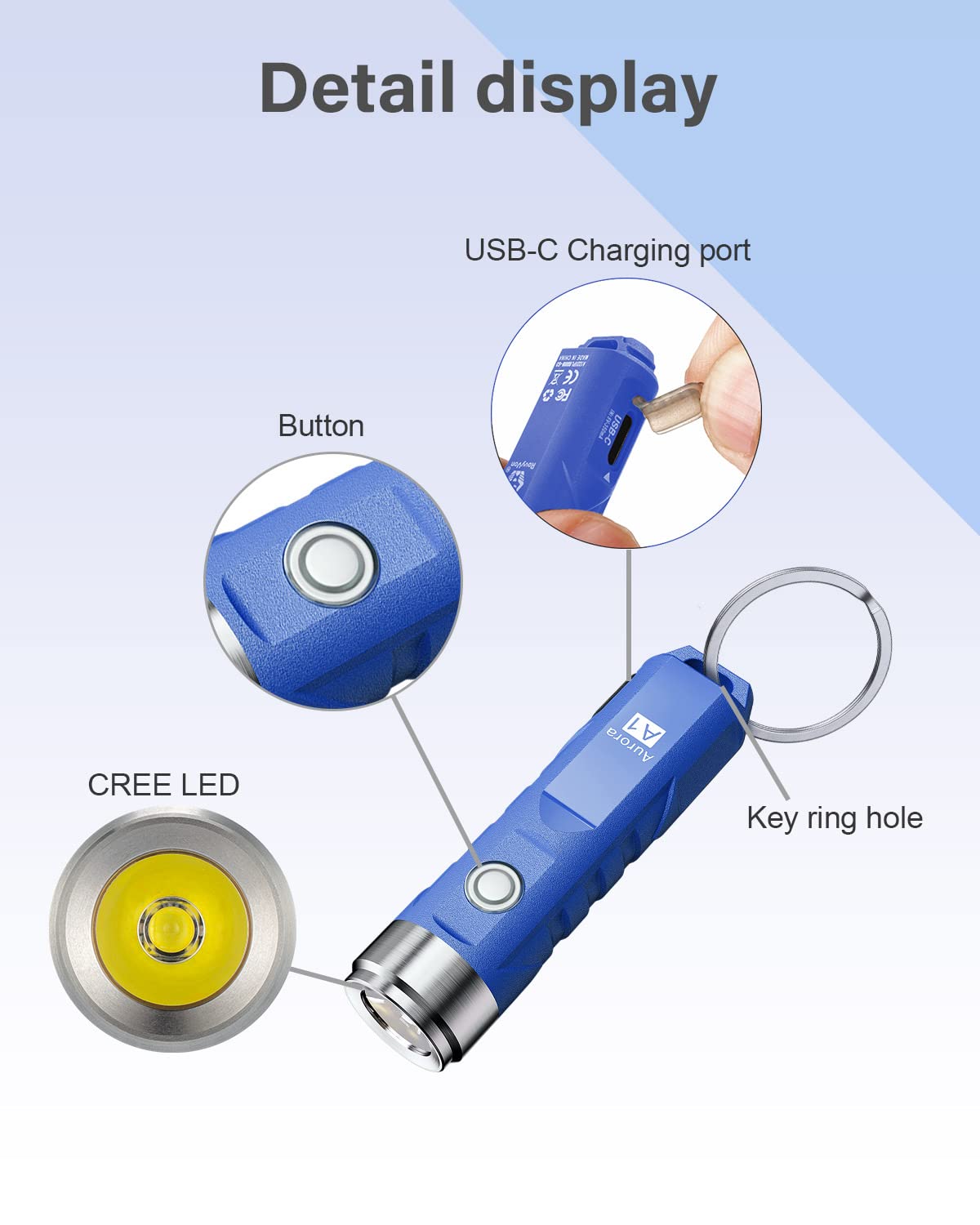 RovyVon Aurora A1 G3 Mini Flashlight, 650 Lumens, USB C Rechargeable, Blue, Compact Keychain EDC for Camping and Emergencies