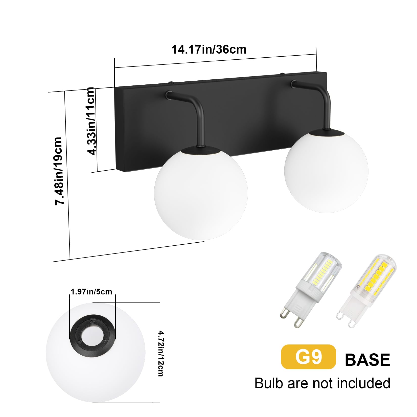 Tipace 2-Light Black Vanity Light Fixtures, Modern Bathroom Light with Milk White Glass, 14.2 inch, Model 1130