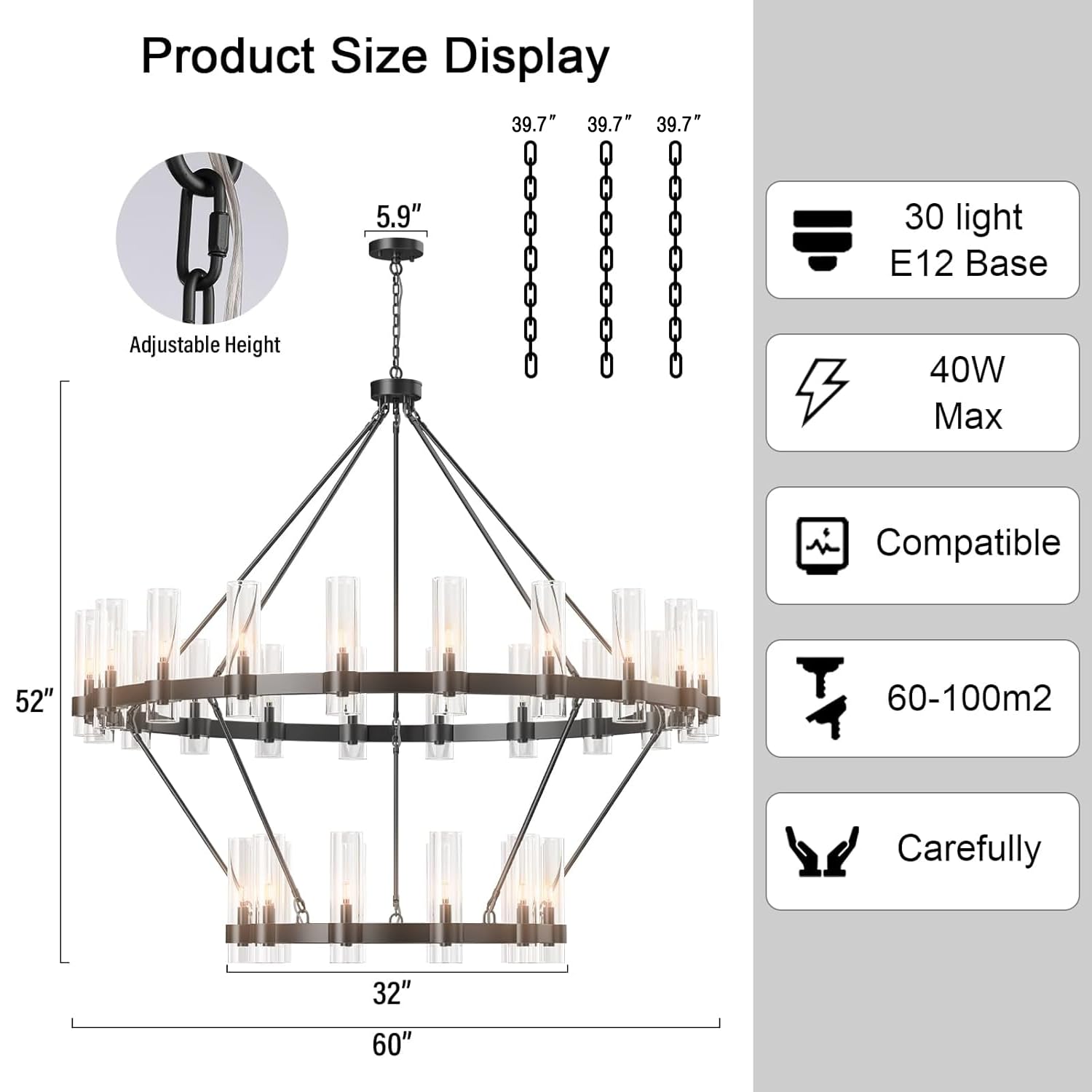 Yiosi Wagon Wheel Chandelier, 30-Lights Black Chandelier With Glass Shade,60 Inch Large Round Industrial High Ceilings Pendant L