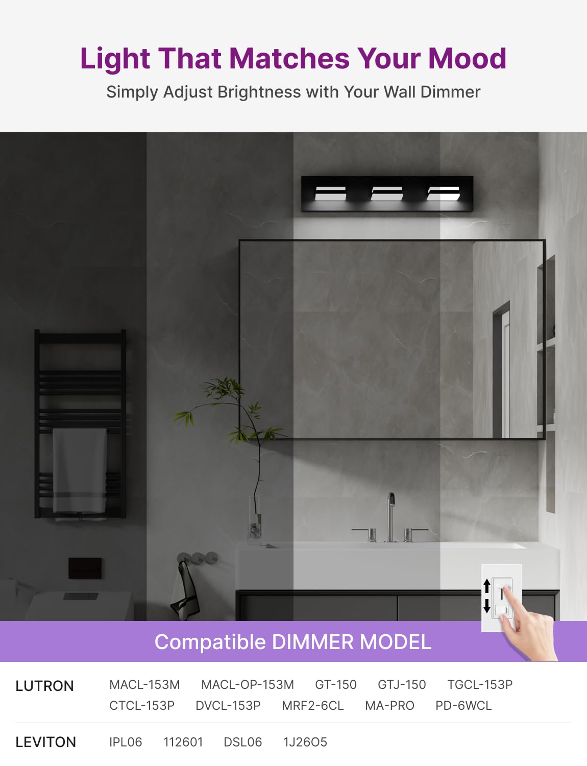 Likelgn Modern Bathroom Vanity Light, Dimmable LED, 22" 3-Light, Matte Black, Metal, Model VL3310