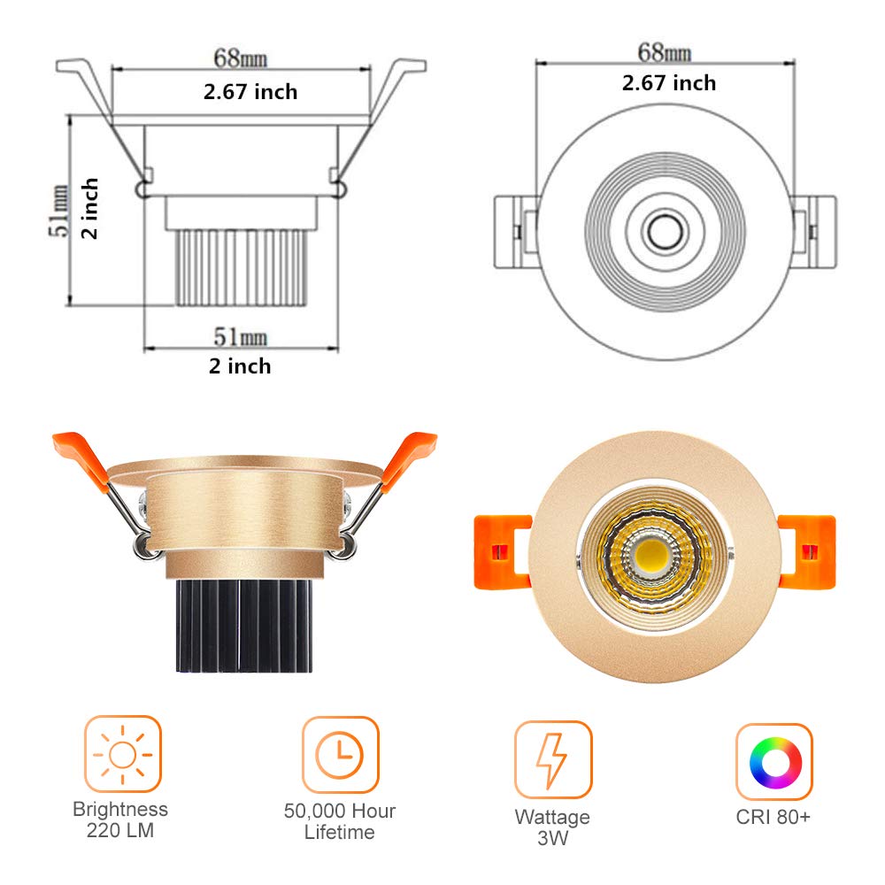 Lightingwill 2Inch Led Dimmable Downlight, 3W Cob Recessed Ceiling Light, Warm White 3000K-3500K, Cri80, 25W Halogen Bulbs Equivalent, Gold (4Pack)