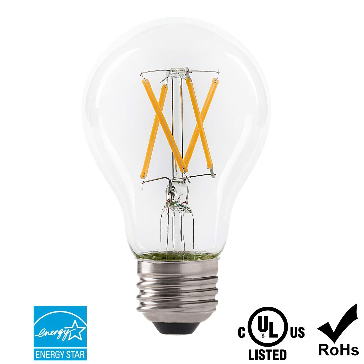 Greenlite LED A19 Filament Clear Light Bulb, 7W, 800 Lumens, Dimmable, 2700K Soft White, E26 Base, 4 Pack, Energy