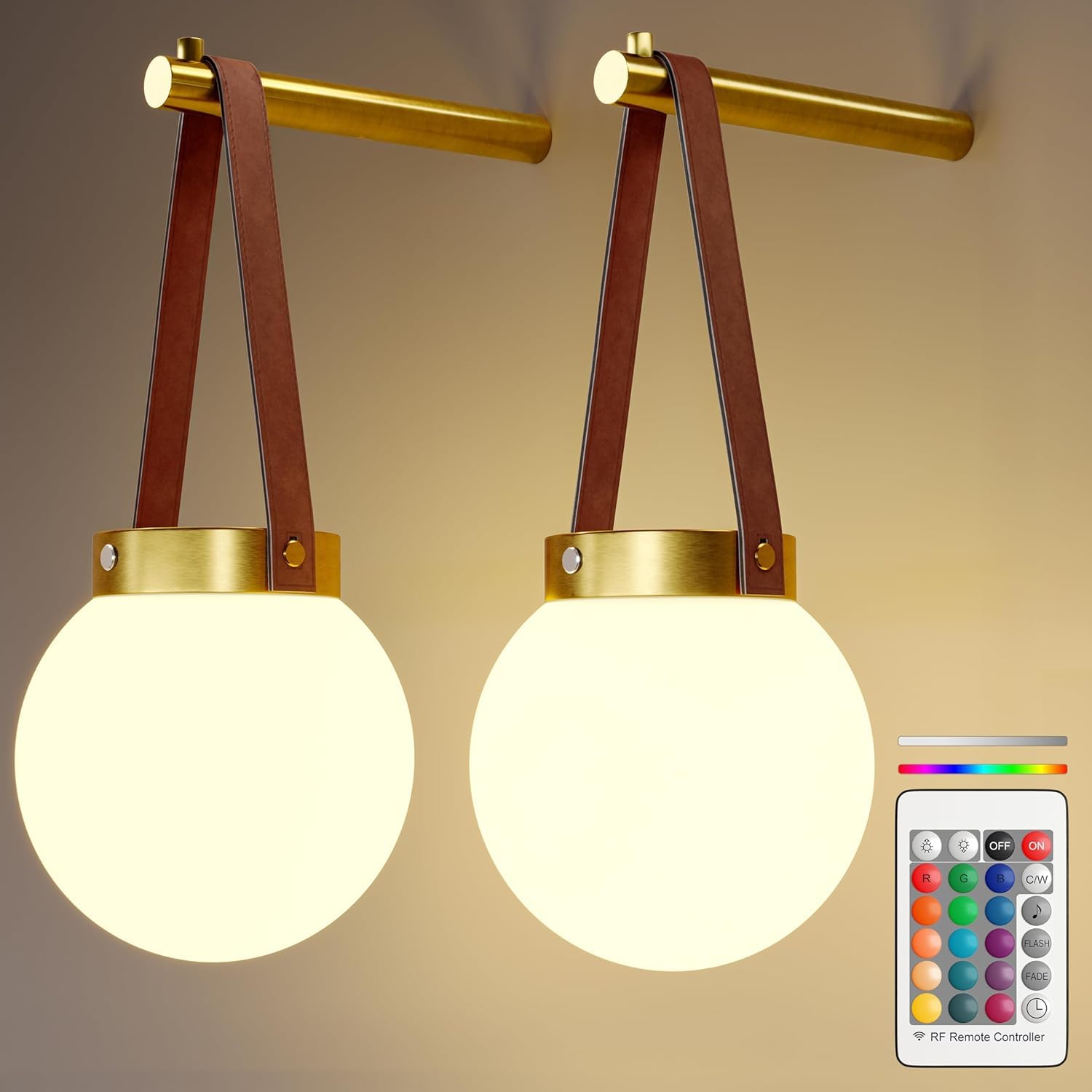 Battery Operated Wall Sconces Set of 2, Gold Wall Lamps for Bedroom with Remote Control Warm/Natural/Daylight/RGB 15 Colors Dimm