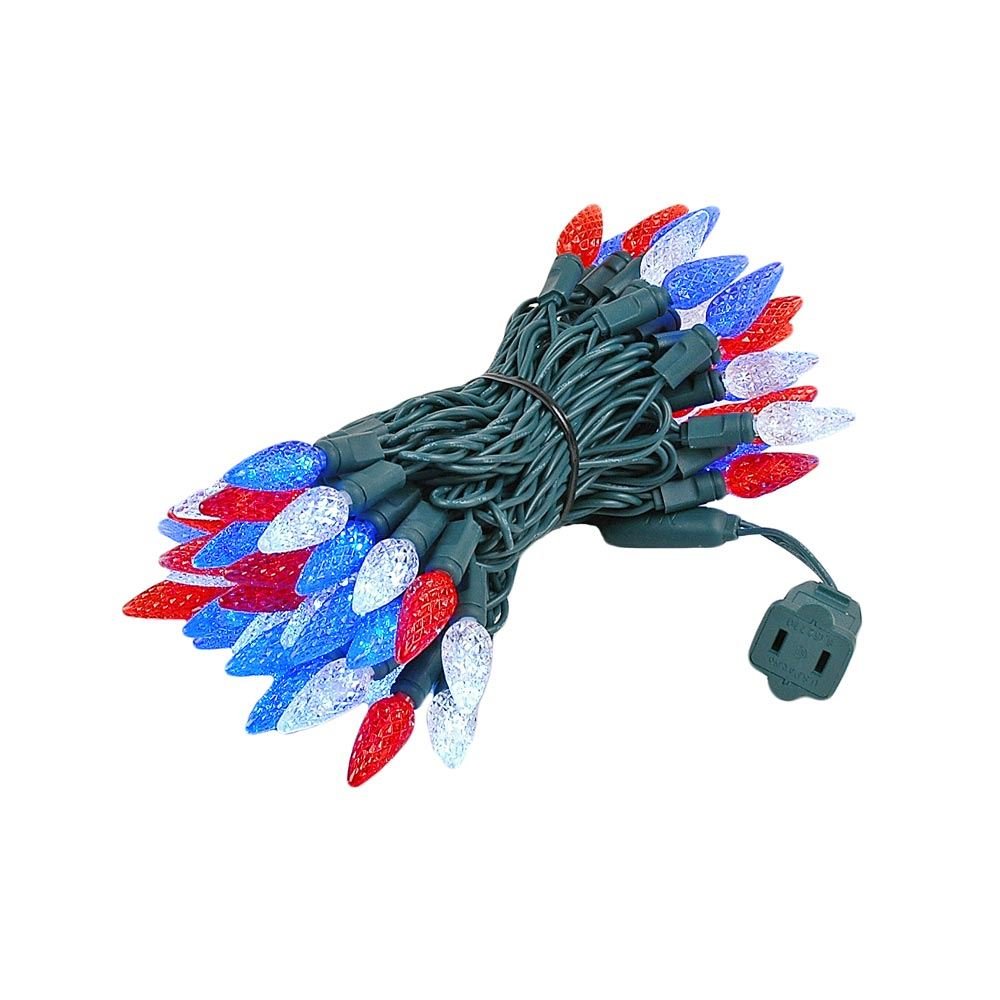 Novelty Lights C6 LED Christmas Mini Light Set, 70 Lights, Commercial Grade, 24 Feet, Red/White/Blue, Green Wire, Model CGC670-G-R/PW/B