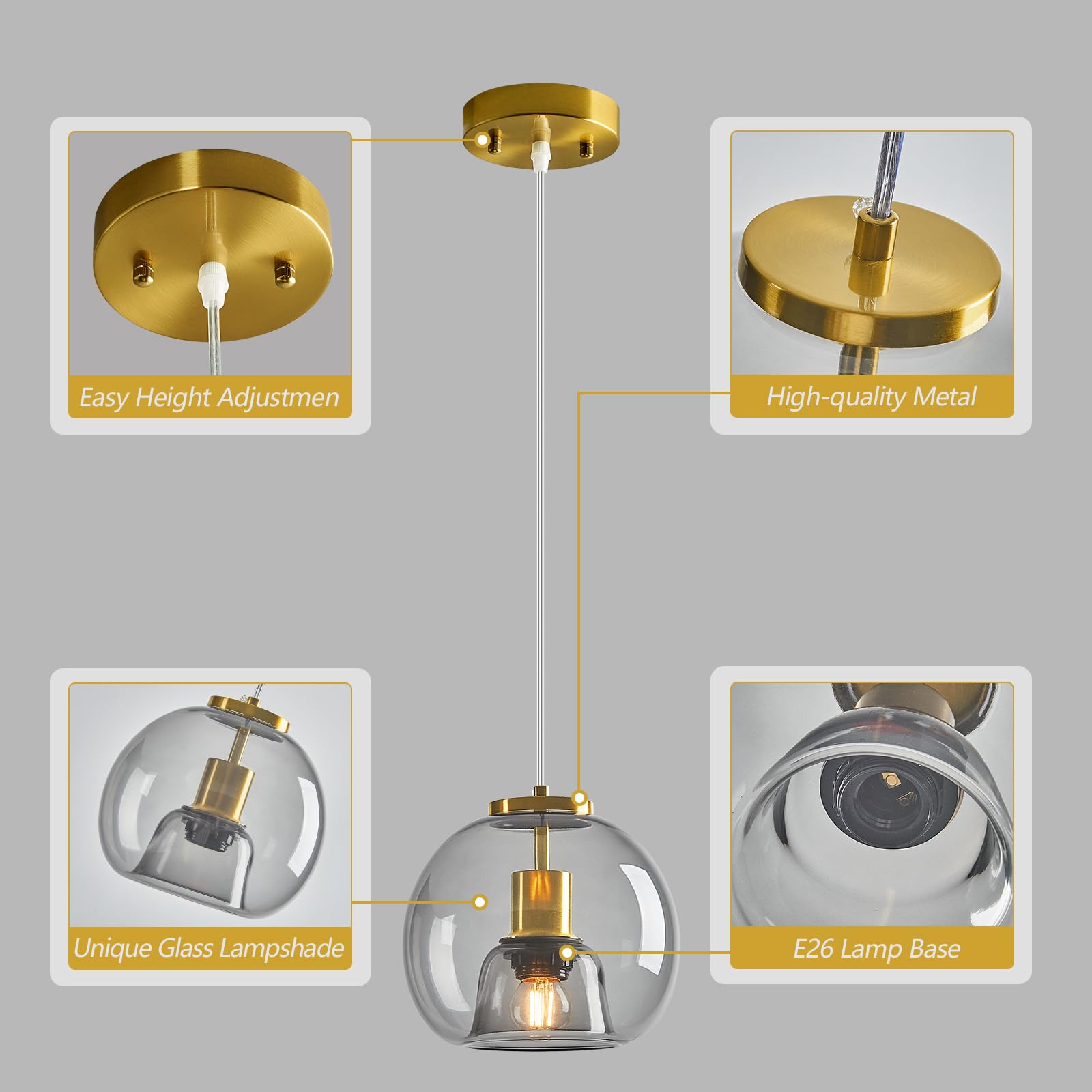 Lbsqj Light Grey Glass Pendant Lights Kitchen Island Gold Hanging Light Fixture Glass Globe Pendant Light Modern Pendant Lighting For Kitchen Island Bedroom Dining Room (7.87  1 Pack)