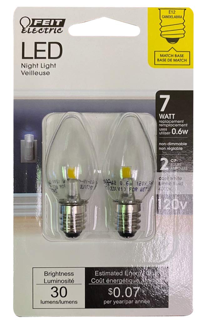 Feit Electric BPC7/LED 0.6 Watt Non Dimmable C7 Candelabra Base, Clear, LED Night Light Bulb, 2-Bulb, 4000K Cool White