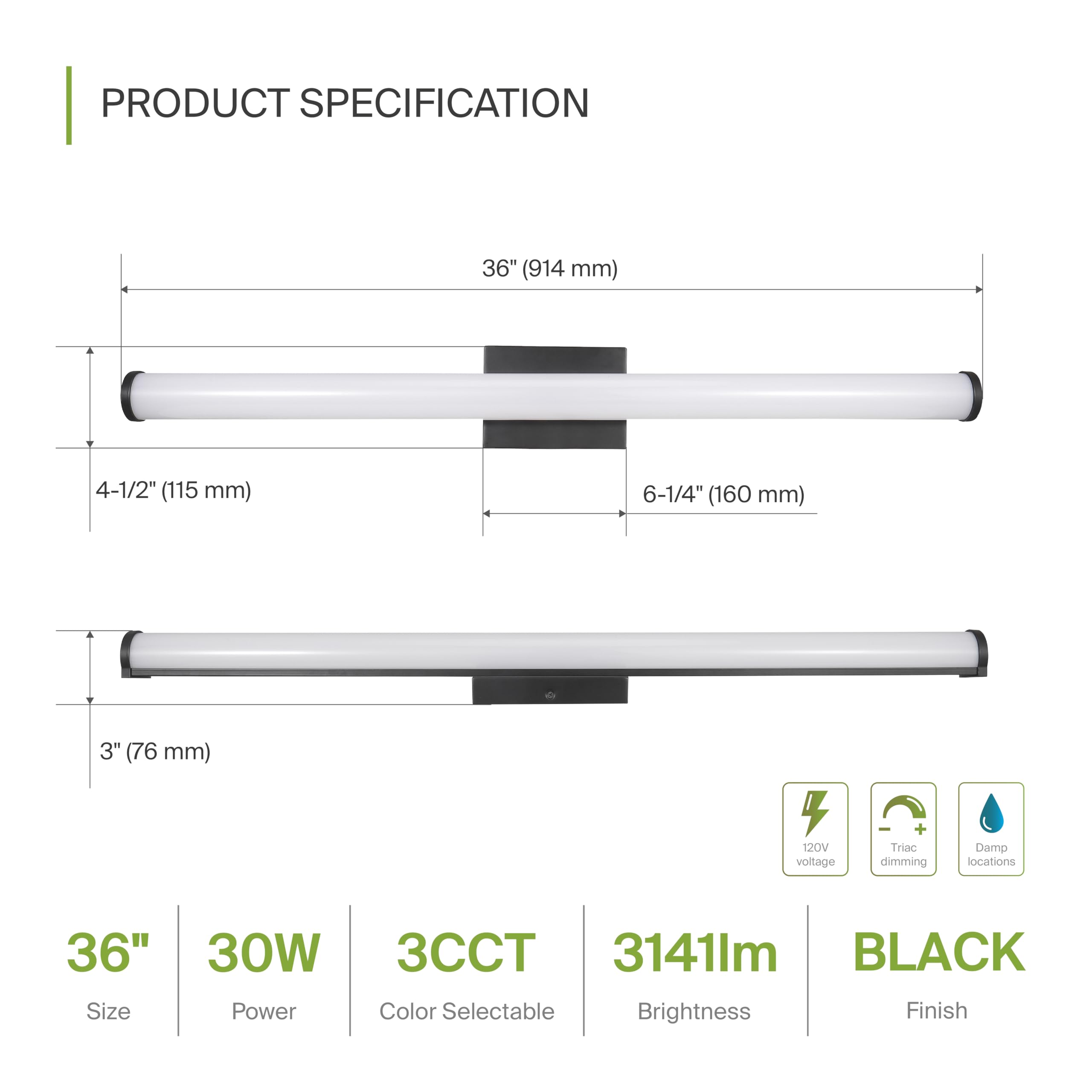 Asd Led 36 Inch Wall Mount Vanity Lighting Fixture | 30W 2100Lm 3000K-5000K 120V | 3Cct, Dimmable, Energy Star, Etl Listed | Bat