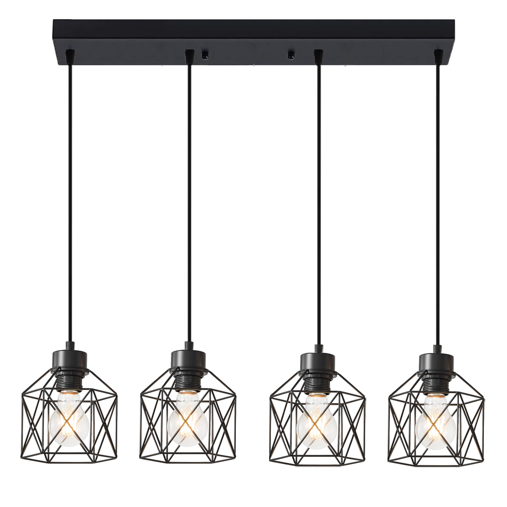 Rocunsi 4-Light Hanging Pendant Light Fixtures  Farmhouse Kitchen Island Light Fixture  Industrial Hanging Pendant Lighting For Dining Room Bedroom Hallway  Black Metal Cage Pendant Lamp  E26 Base