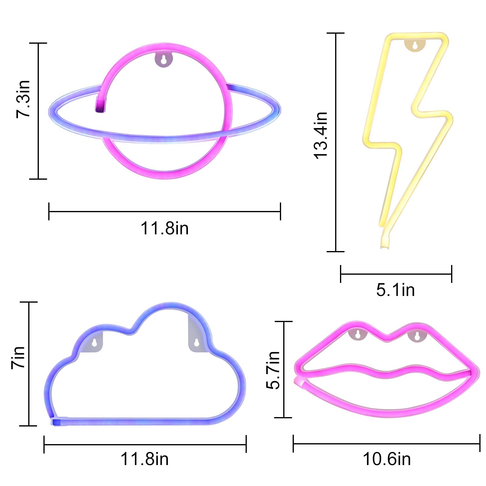 4 Pcs LEDs Decorative Neon Night Signs, Hanging Lighted Up Neon Sign for Bedroom Room Decor Neon Lights Leds Cloud Signs Light S