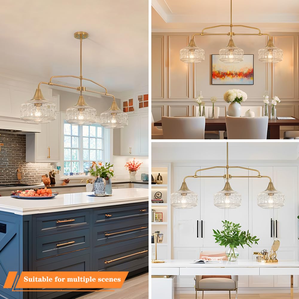DSMJFU Farmhouse 3-Light Adjustable Pendant Lighting, 37.4in, Gold Clear Glass Shades, Model 250614, Industrial Chandelier for Modern Decor