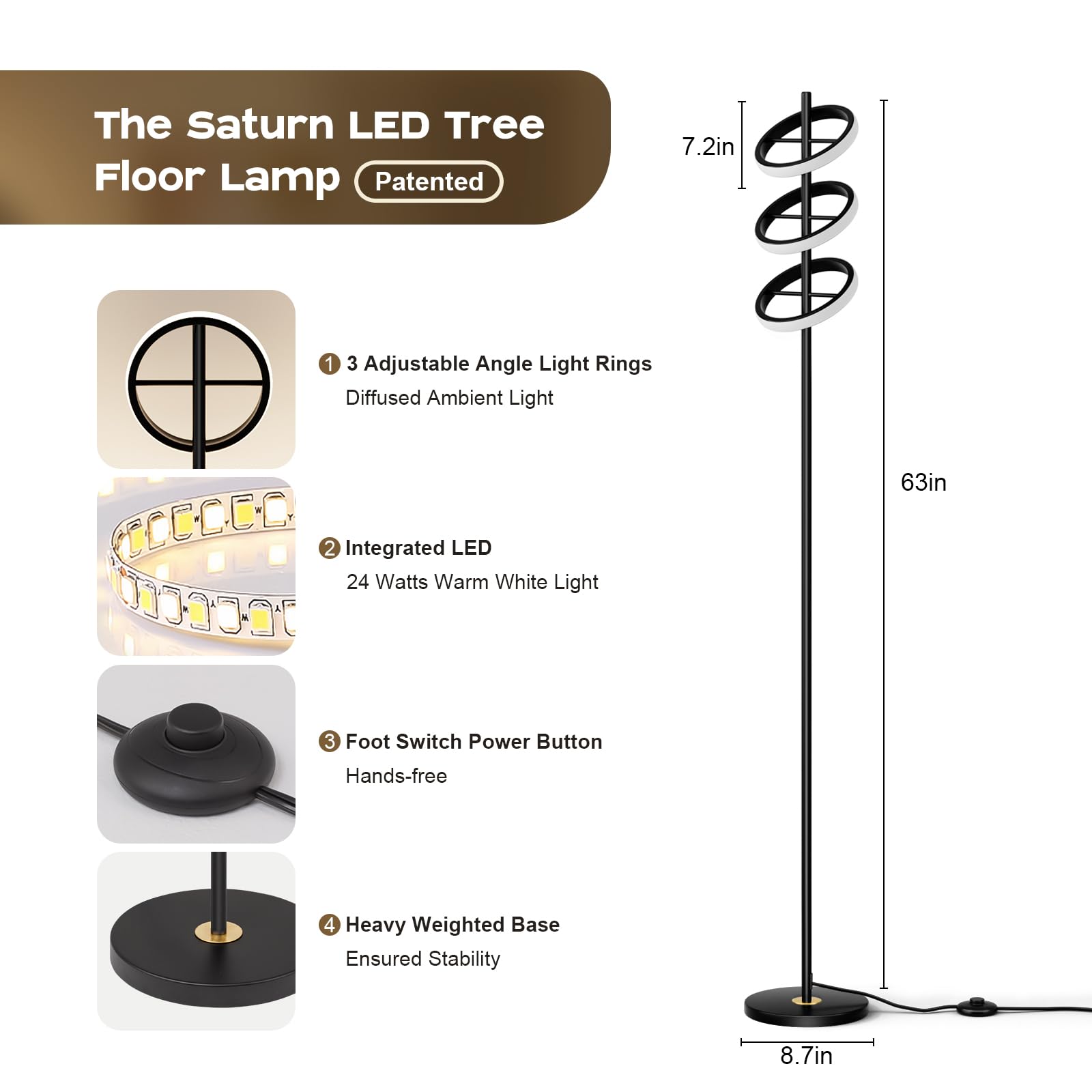 Figdifor Modern Led Floor Lamp - Adjustable 3 Saturn Rings-Contemporary Tall Standing Lamp For Living Room & Office Bedroom Read
