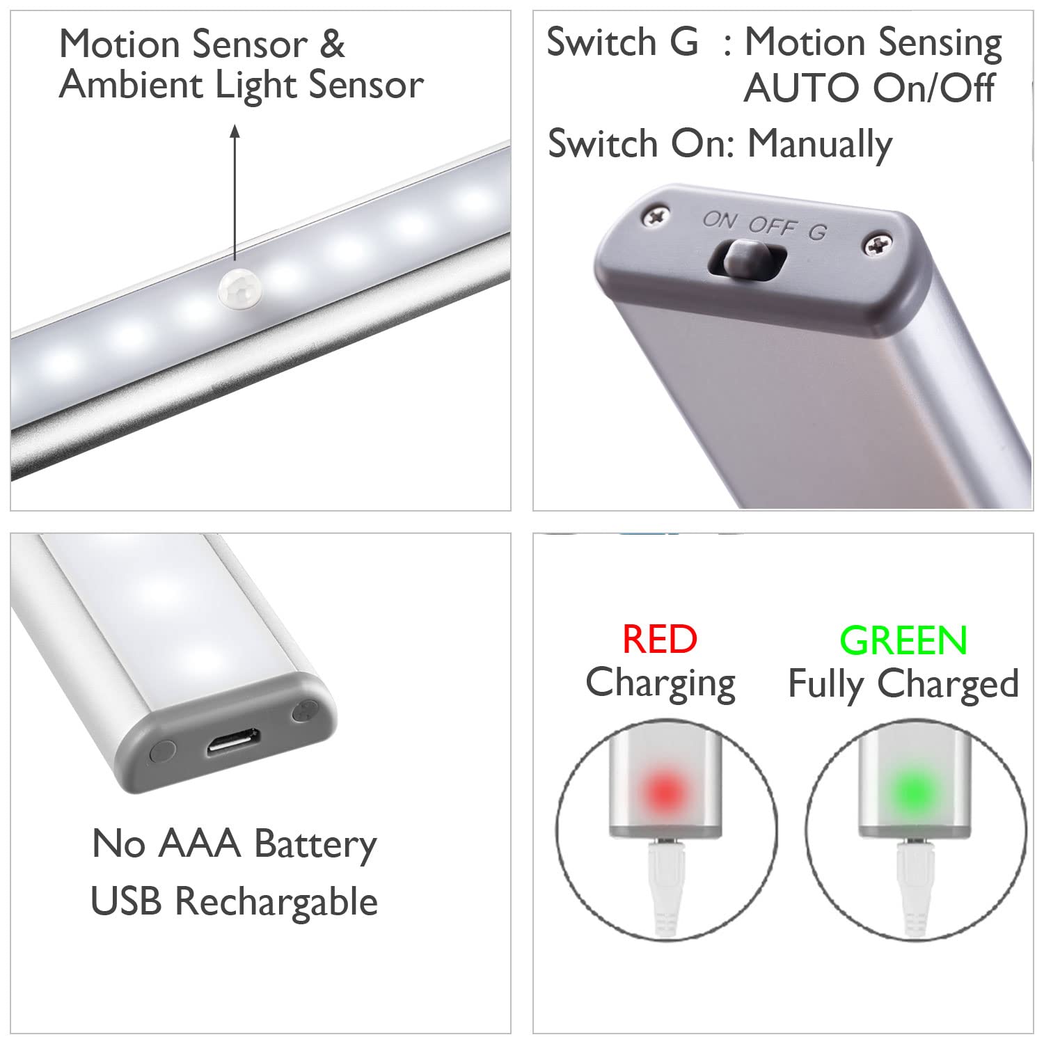 MOSTON Motion Sensor Closet Lights, 20 LED Cordless Night Lamp, Rechargeable, 7.5x1.4x0.5 inch, Silver, Model DL002B