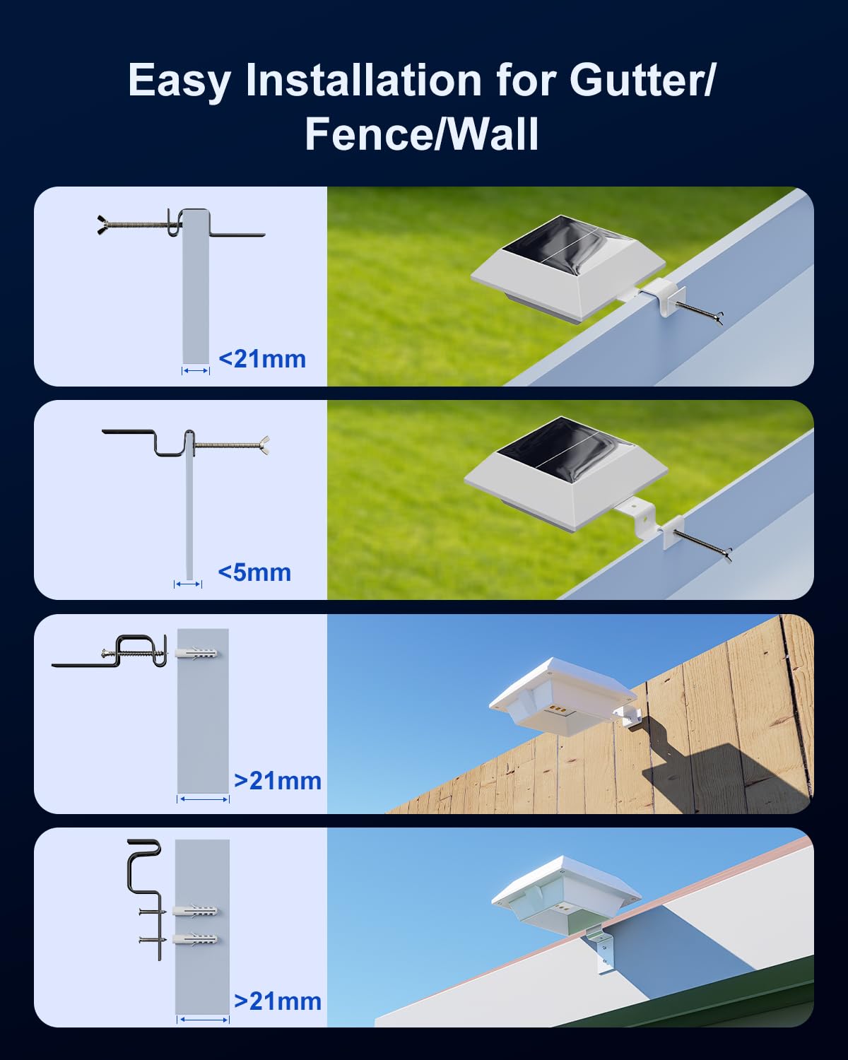 FALOVE 8 Pack Solar Powered Gutter Lights, Cool White Waterproof 12 LEDs, Plastic Yard Lamp for Fence, Garden, Deck, Patio - Model FA0416-8