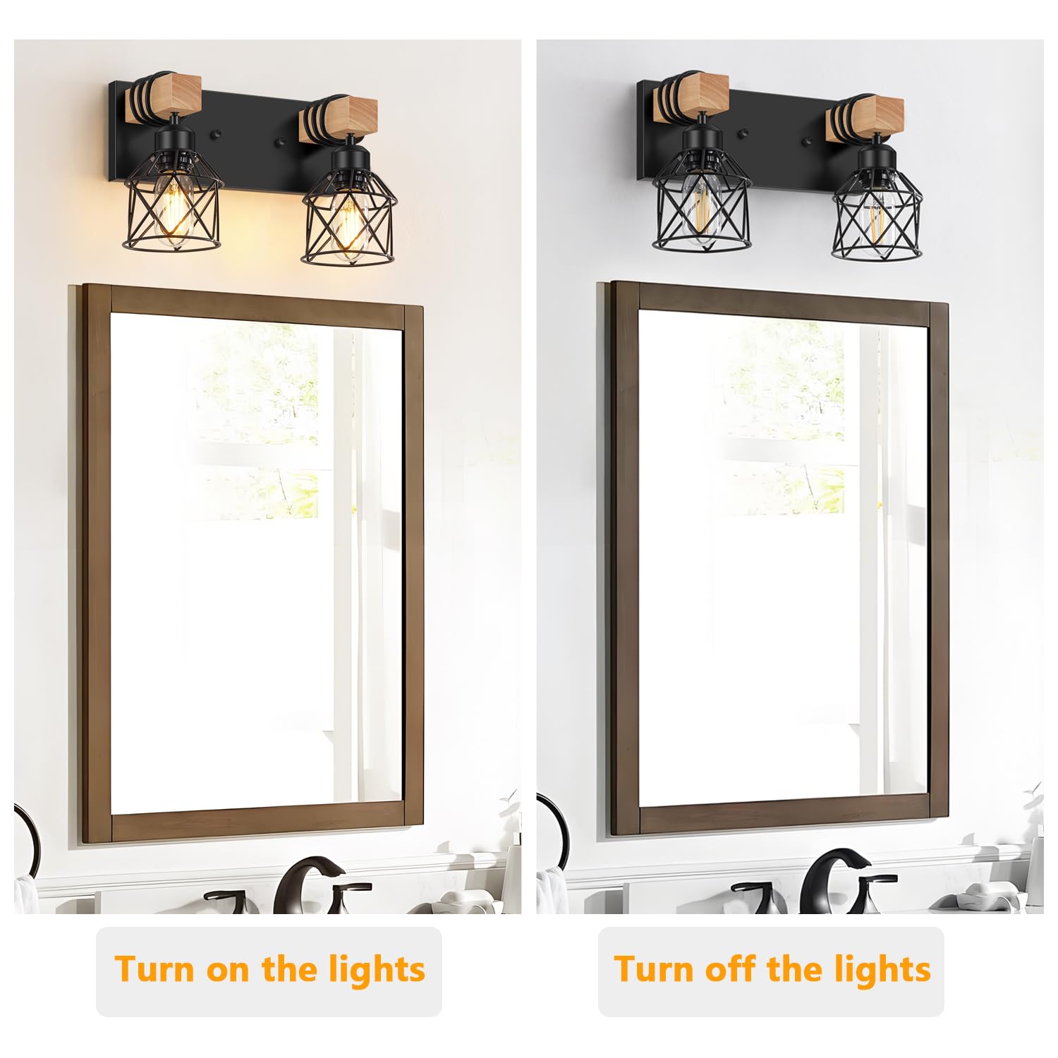 FadimiKoo 2-Light Farmhouse Vanity Light, Black Rustic Wood & Metal Sconces for Bathroom, Living Room, Bedroom, Hallway