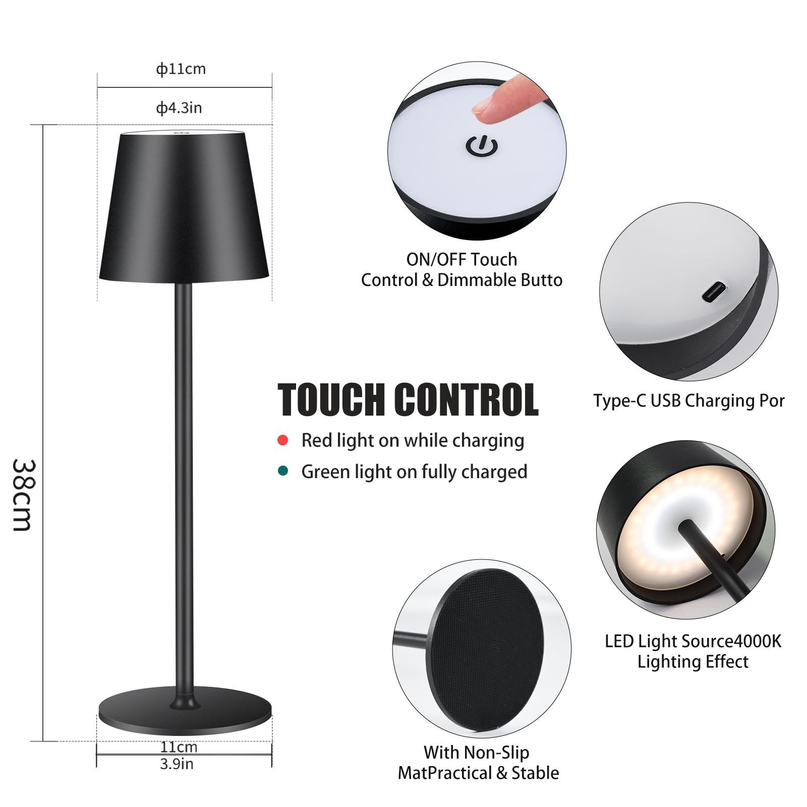 Zoeger Cordless Table Lamp, Portable LED, 6000mAh Battery, 3 Color Dimming, Black, Model DD2BLACK