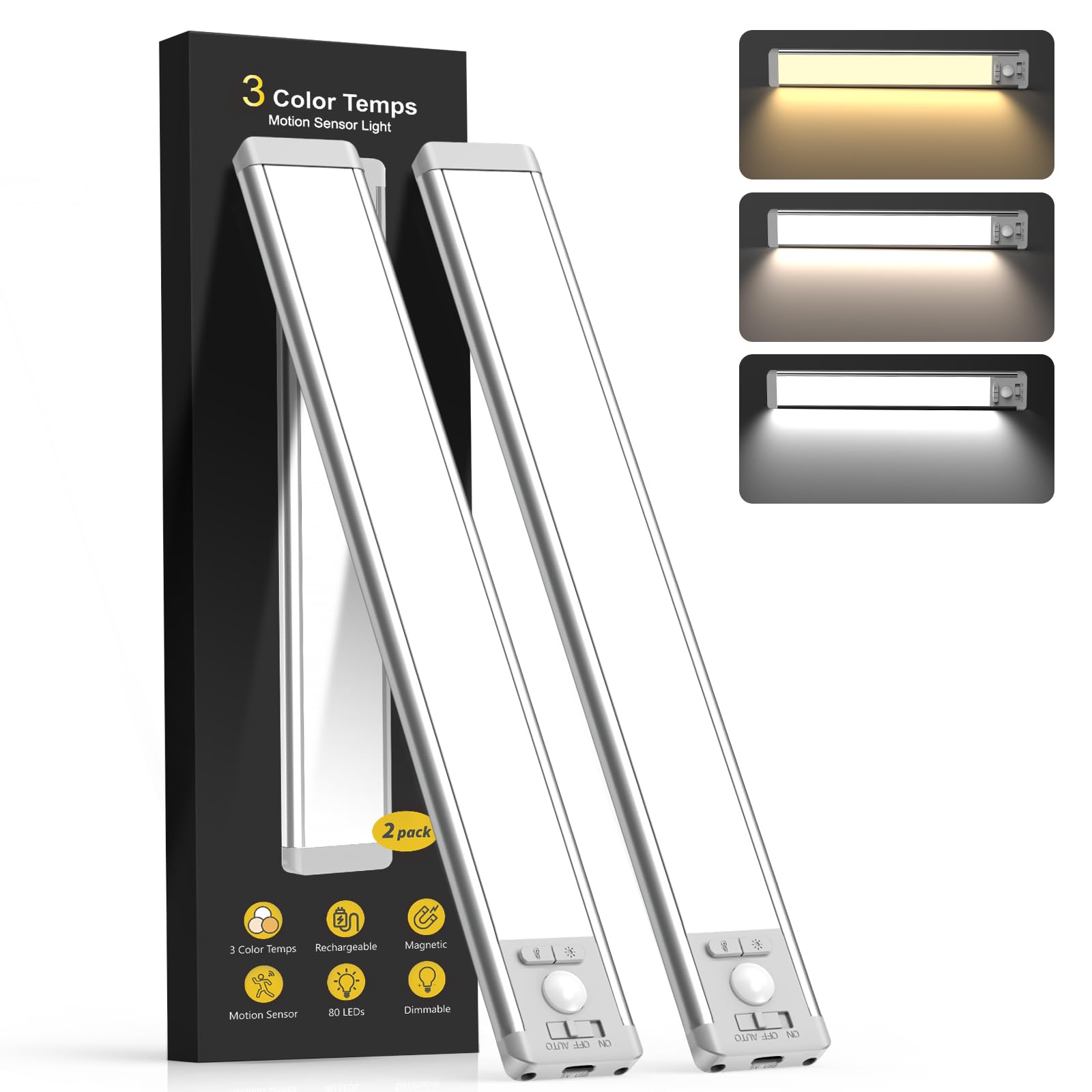 10inch Under Cabinet Lighting with 3 Color Temps, 2 Pack Rechargeable Motion Sensor Light Indoor, 5 Levels Dimmable Magnetic Clo