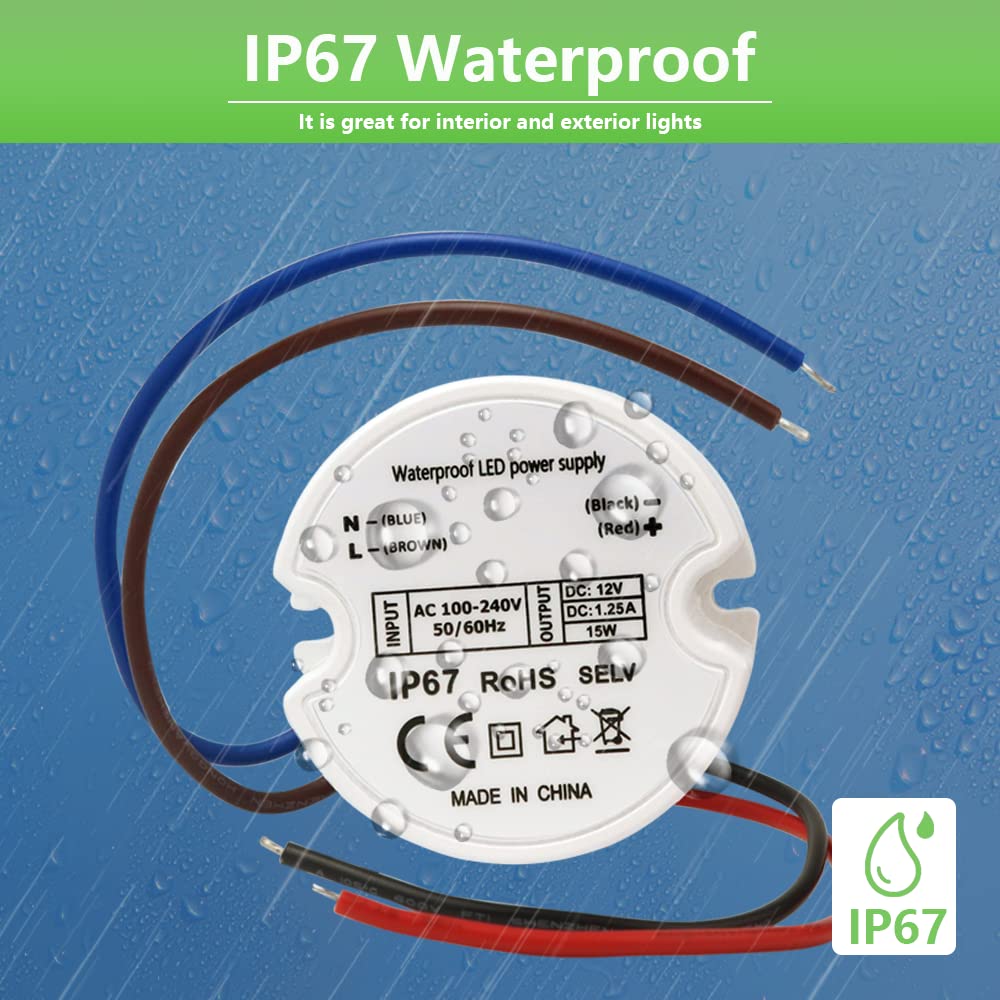 Makergroup 12V LED Power Supply Driver, IP67 Waterproof, 15W, Engineering Plastic, White/Blue, Model MK-PS, 1-Pack