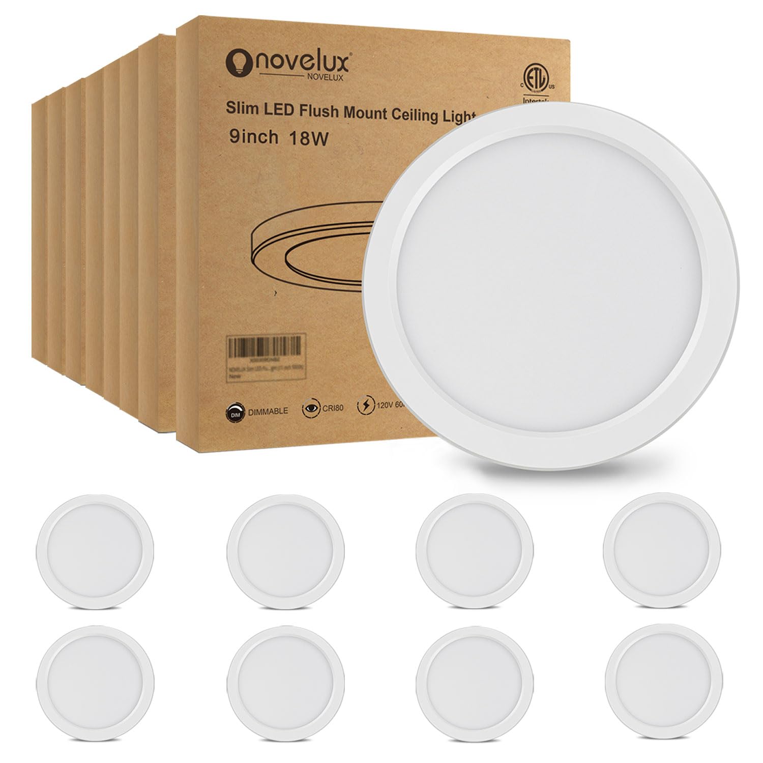 Novelux 9'' Led Ceiling Light Flush Mount,Ultra Slim 0.63 Inch Thick Round Flat Ceiling Light Fixtures 8 Pack 5000K Daylight Dim