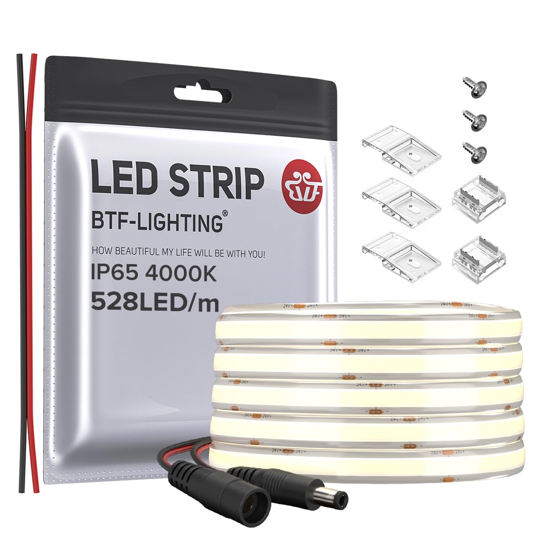 BTF-LIGHTING FCOB COB LED Strip IP65 Flexible High Density Uniform Light 14W/m 16.4FT DC24V Natural White 4000K 528LED/m CRI 90+
