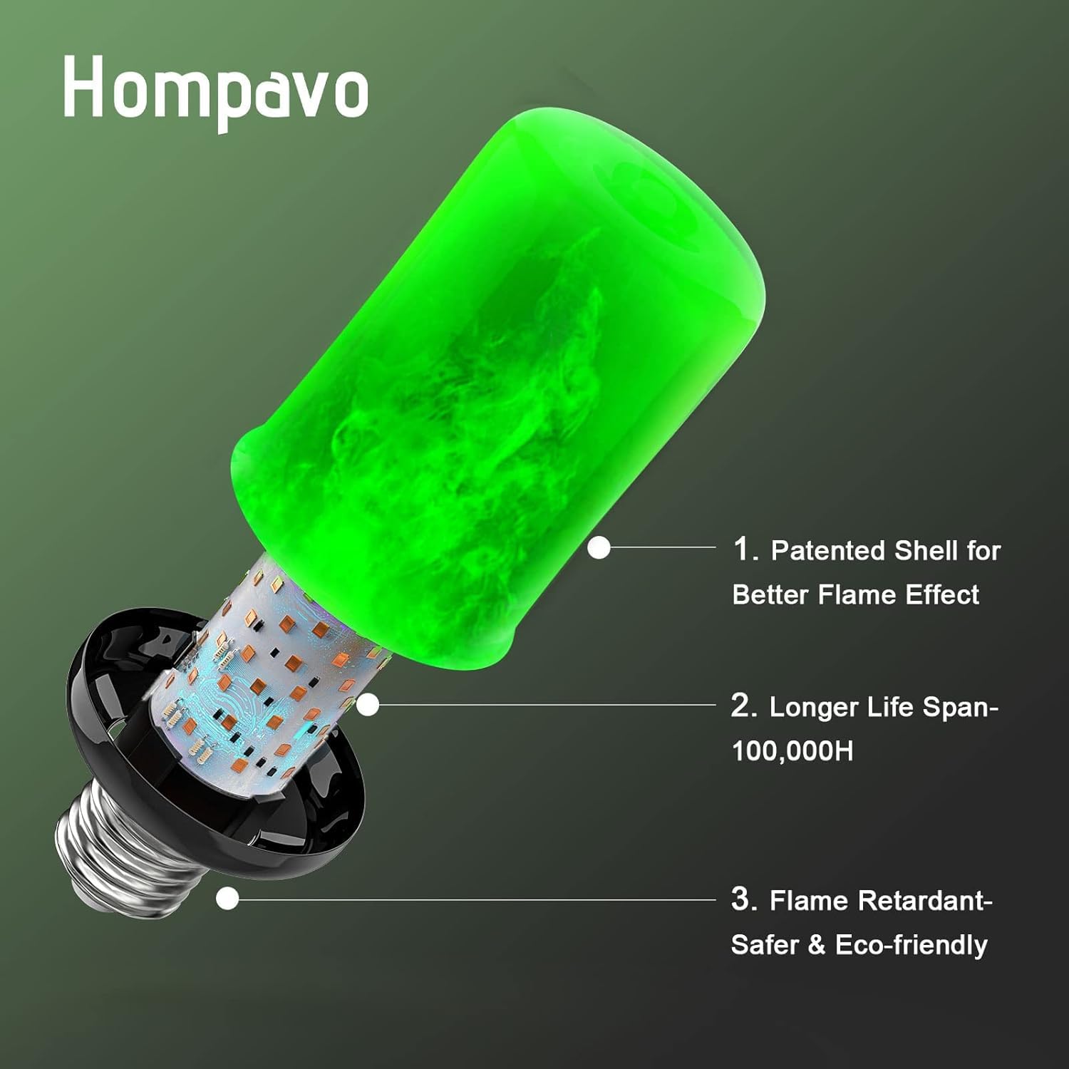 Hompavo LED Flame Light Bulbs, Green Flickering Effect, E26, 4 Pack, Polycarbonate, Ideal for Halloween & Christmas Decorations