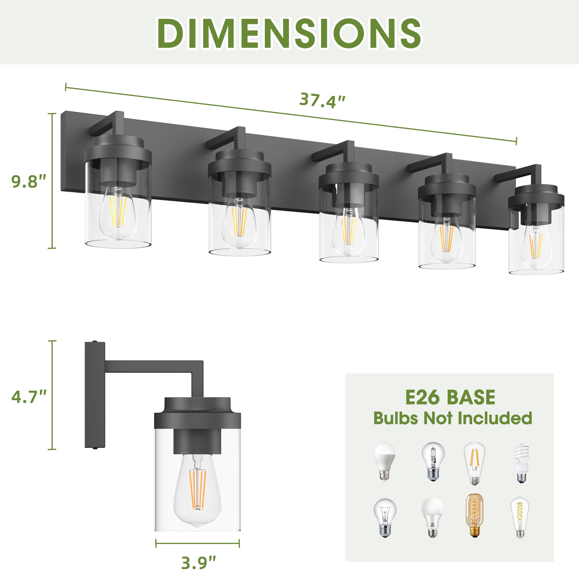 Espird 5-Light Bathroom Vanity Lights, Black Metal Fixture with Glass Shade, Model L08-5-BK