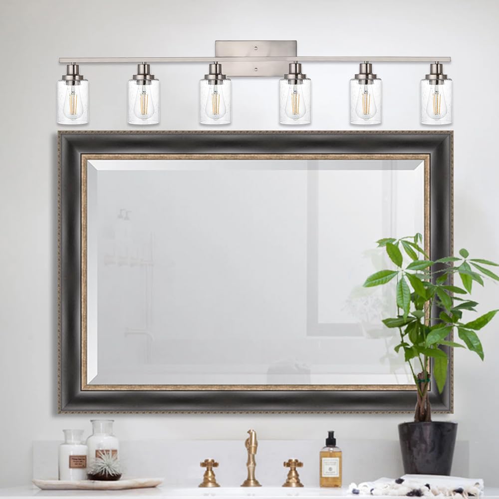 Winshen 6-Lights Bathroom Vanity Light Fixtures With Seeded Glass Lampshades, 45.3-Inches Length Modern Brushed Nickel Wall Ligh