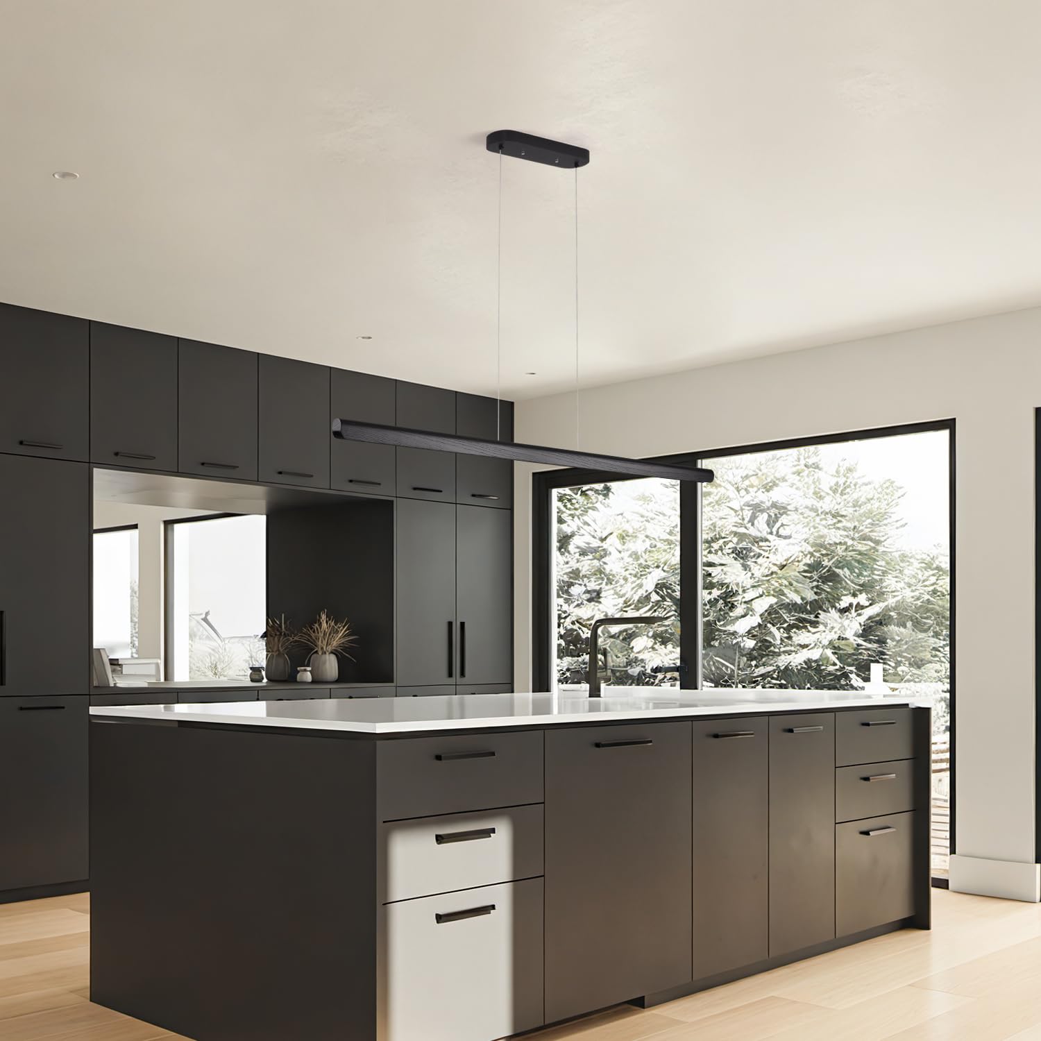 Yisdesign 55Inch Wood Led Linear Pendant Light  Dimmable Wood Ceiling Lamp Minimalist Linear Chandelier  40W Warm Light 3000K  Modern Kitchen Island Dining Room Lighting Black Adjustable Height