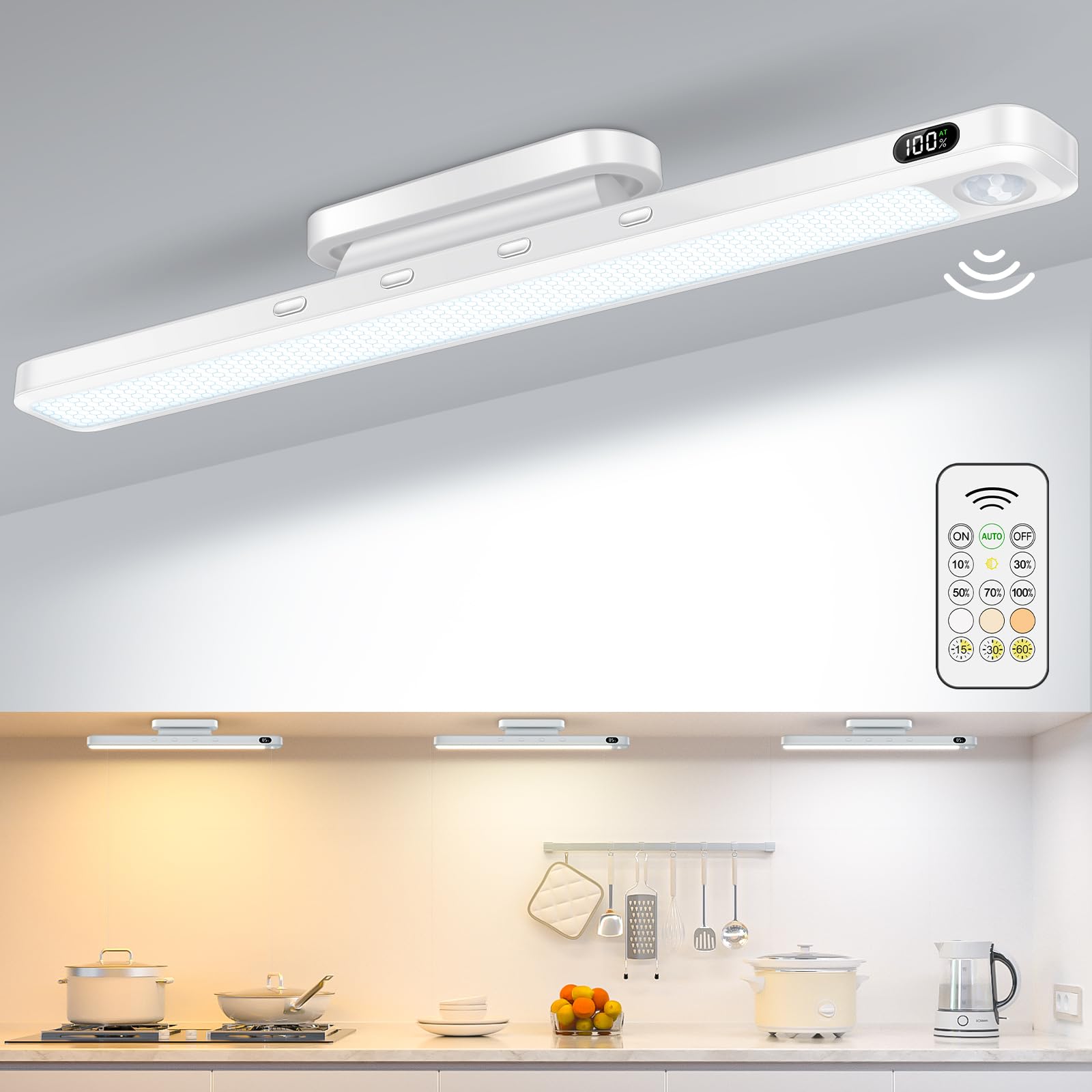 WILLED 3W Motion Sensor Rechargeable Light Bar with Remote, Eye-Care Under Cabinet Lights with Battery Level Display, Vanity Lig