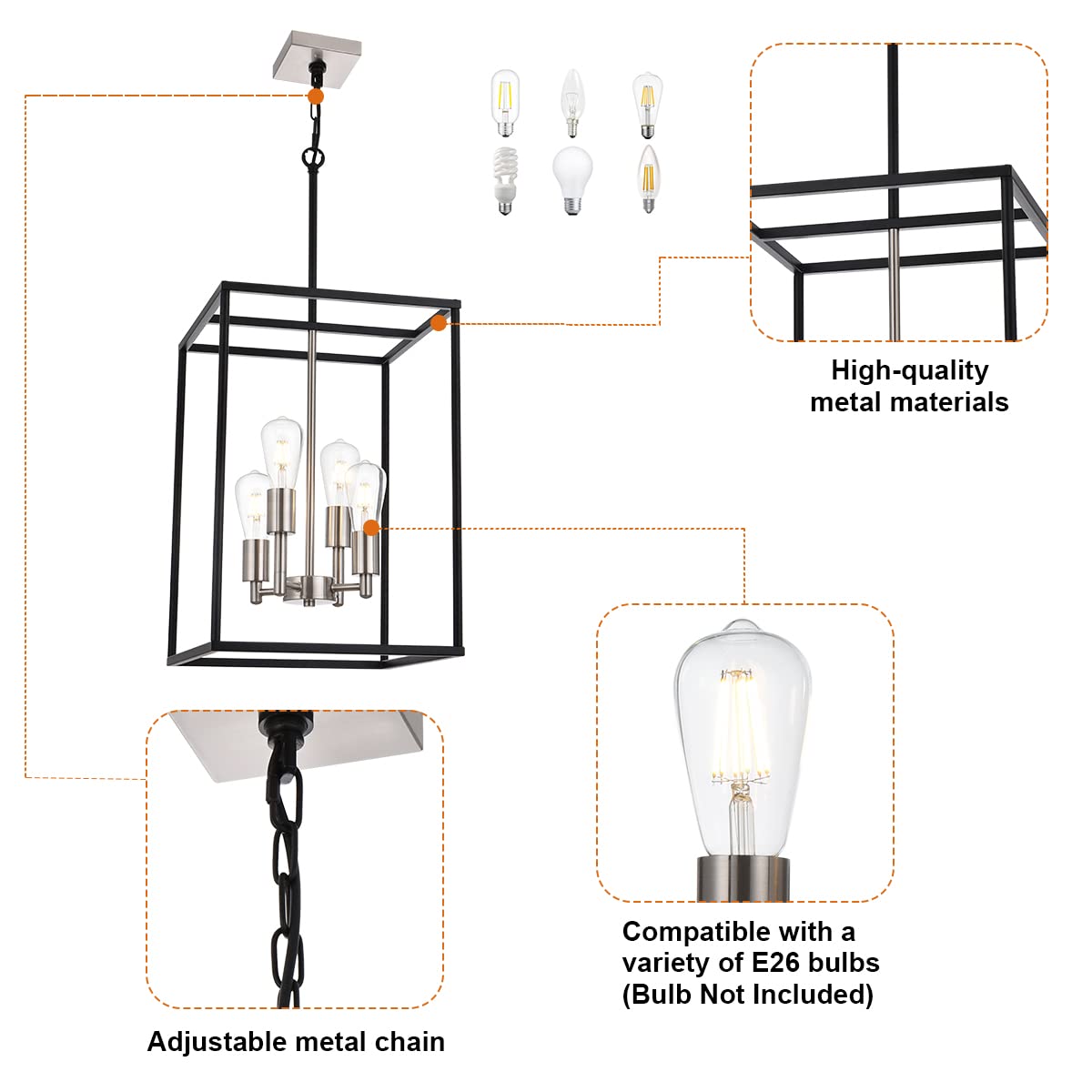 VINLUZ 4-Light Lantern Chandelier, Metal, Black & Nickel, Industrial Farmhouse Pendant Lighting, Model 270-4BS, for Dining Room & Kitchen Island