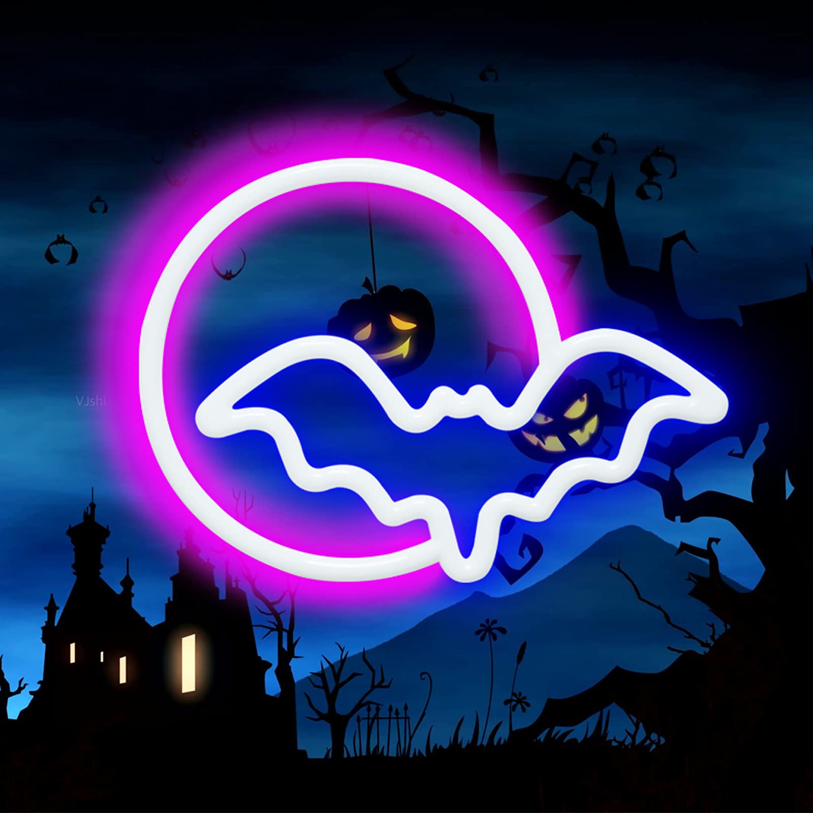 Semetor Moon & Bat Led Neon Sign - Pink & Blue Usb/Battery Powered Wall Decor For Kids, Parties, Events