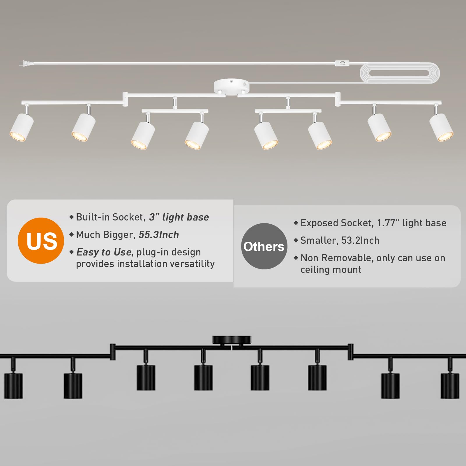 Track Lighting Plug In  Led Track Lighting Fixtures Ceiling Kit  White 8-Light Ceiling Light Plug-In  Wall Light With 15Ft Power Cord  Rotatable Kitchen Spotlight For Bedroom(Gu10 Socket  No Bulb)