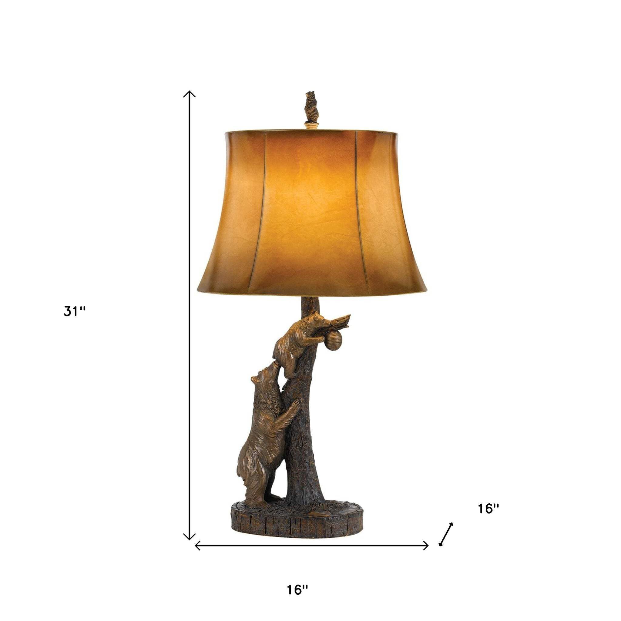 HomeRoots Bronze Bears Table Lamp with Brown Faux Leather Shade, 31 x 16 x 16 in., Model 524661