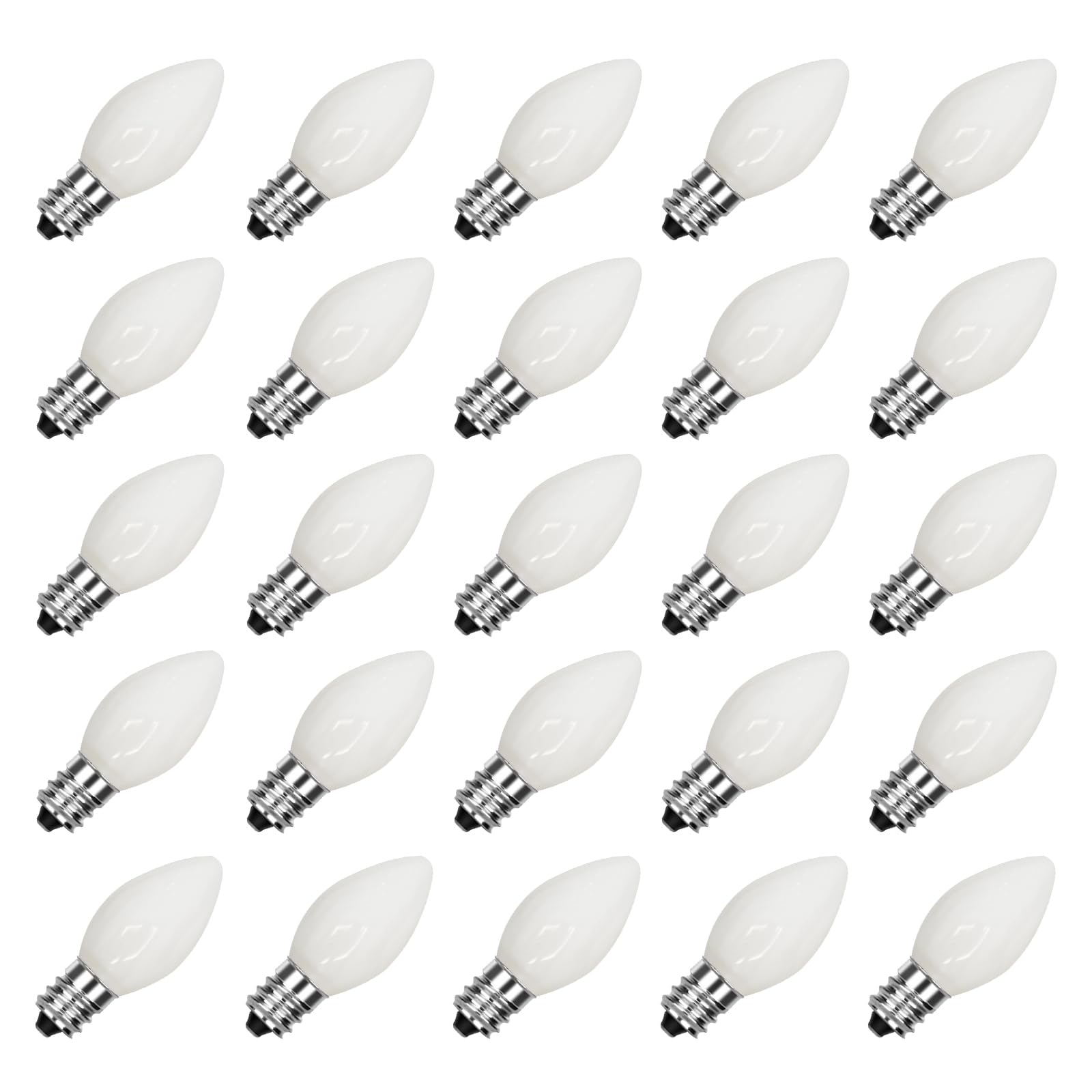 SUNSGNE C7 White Outdoor Christmas Light Bulbs, 5W E12 Candelabra Base, Pack of 25, Glass
