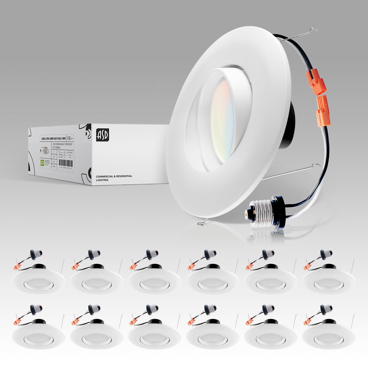 ASD 6 Inch Gimbal LED Recessed Light, 15W 1310LM, Dimmable, White Trim, Aluminum, 12 Pack