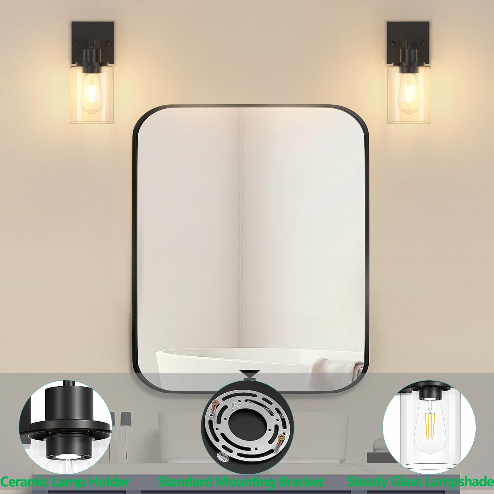 Licperron Black Wall Sconces Set of Two, Modern Metal Lighting Fixture, Glass Shade, 1-Light