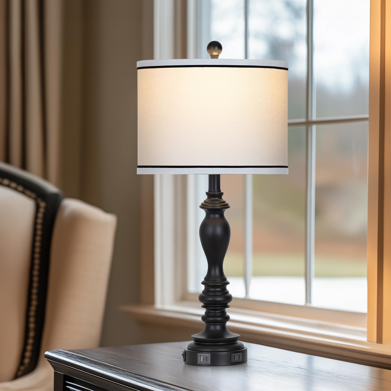 27.5'' Farmhouse Table Lamp For Living Room, Black Lamps Set Of 2 With Usb A+C Ports, Mid Century Tall Table Lamp For Bedroom, B