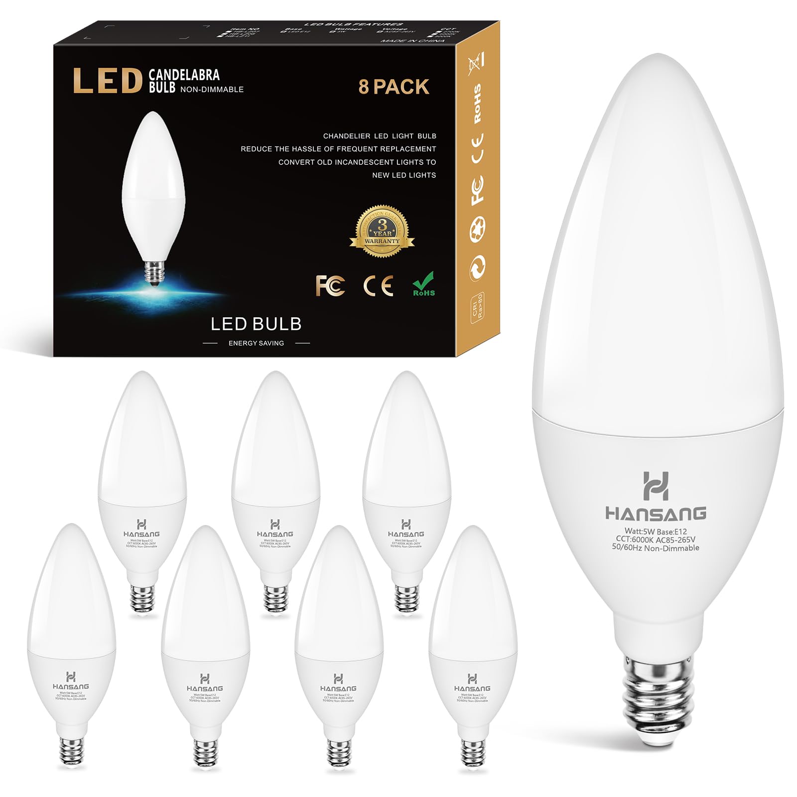 Hansang Candelabra Led Bulbs,60 Watt Equivalent,6000K Cool Daylight,Type B Light Bulb,Pack Of 8,E12 Small Base,Non-Dimmable,Deco
