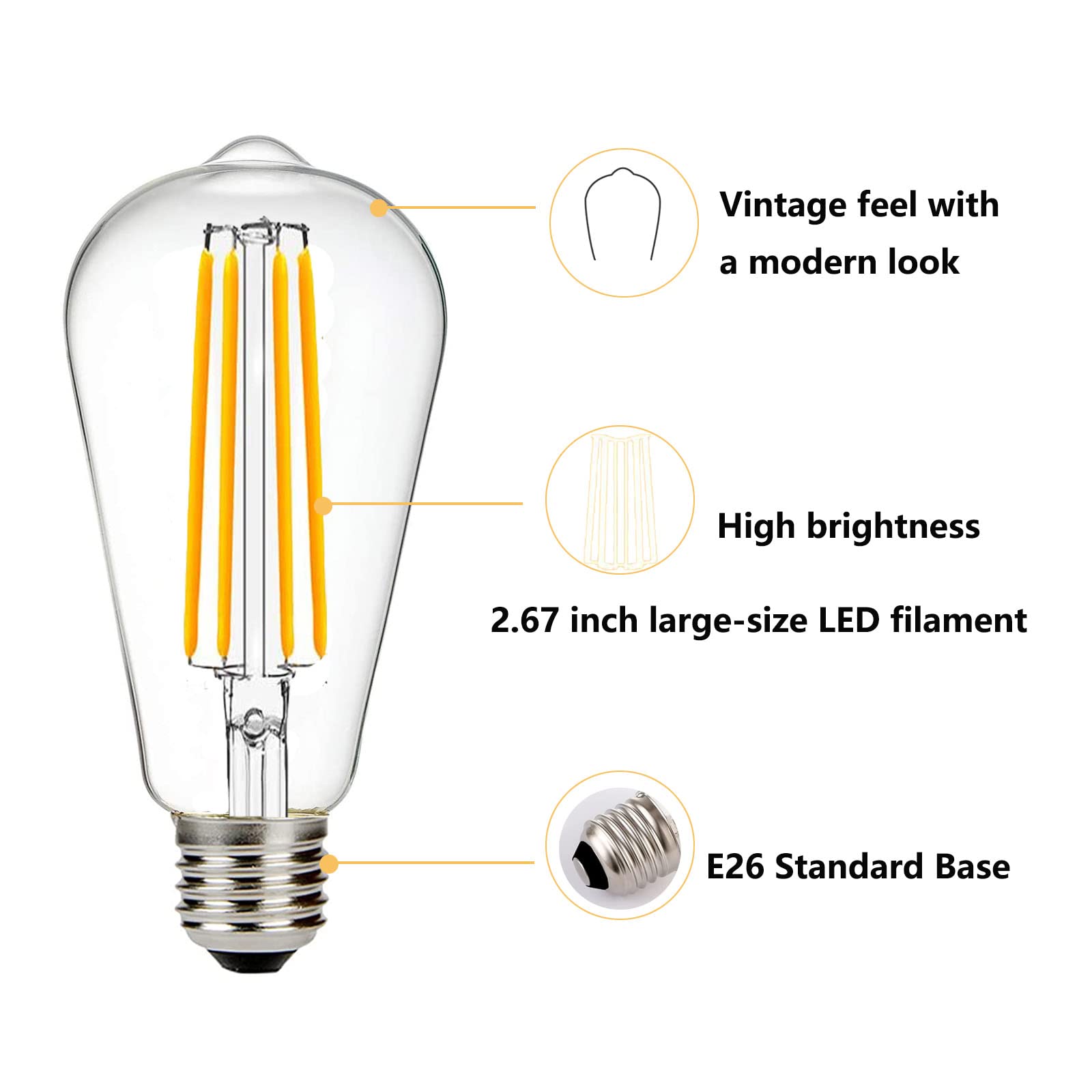 12V Edison Bulb 60 Watt Equivalent E26 Medium Base 12V Led Light Bulb, Ac/Dc 12V-36V 6W Warm White 2700K Vintage Low Voltage Bul