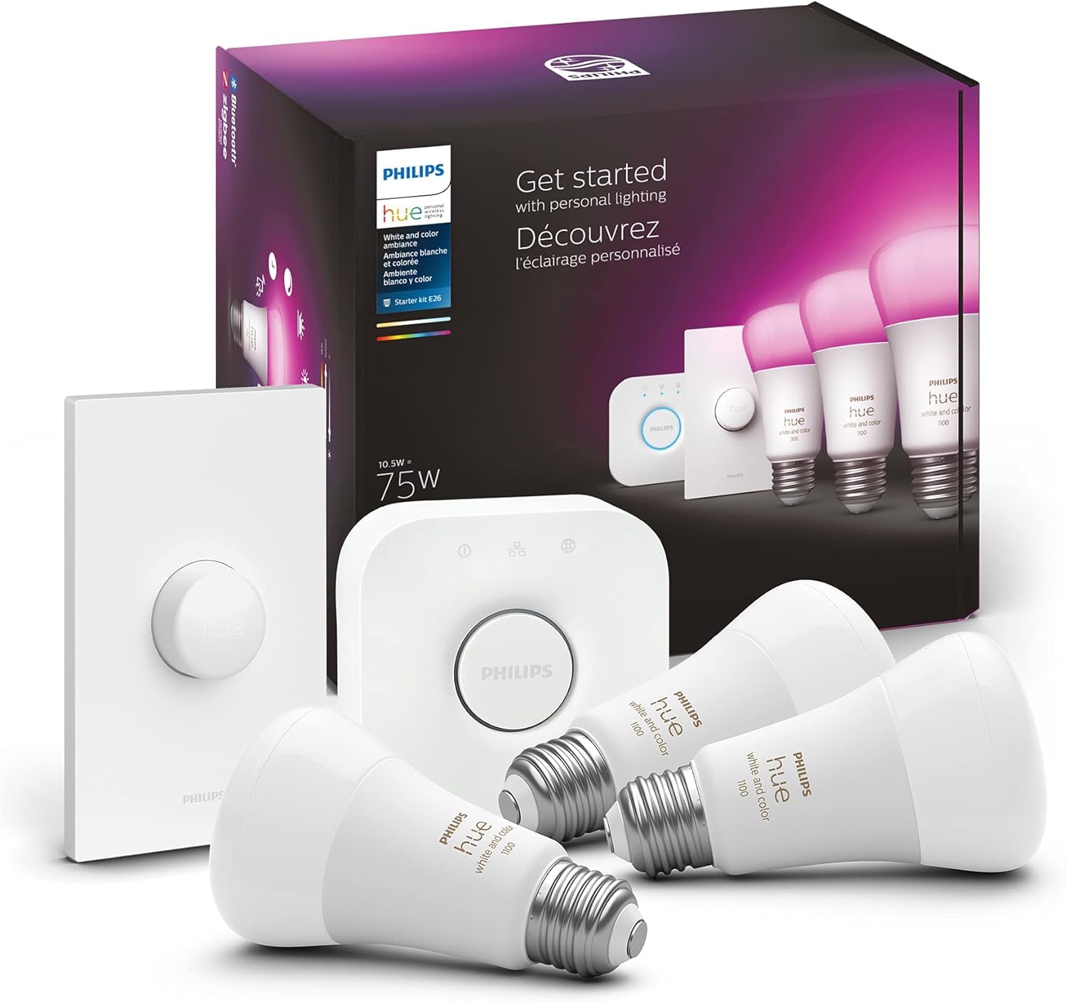 Philips Hue Smart Light Starter Kit - Includes (1) Bridge, (1) Smart Button And (3) Smart 75W A19 Led Bulbs - White And Color Am