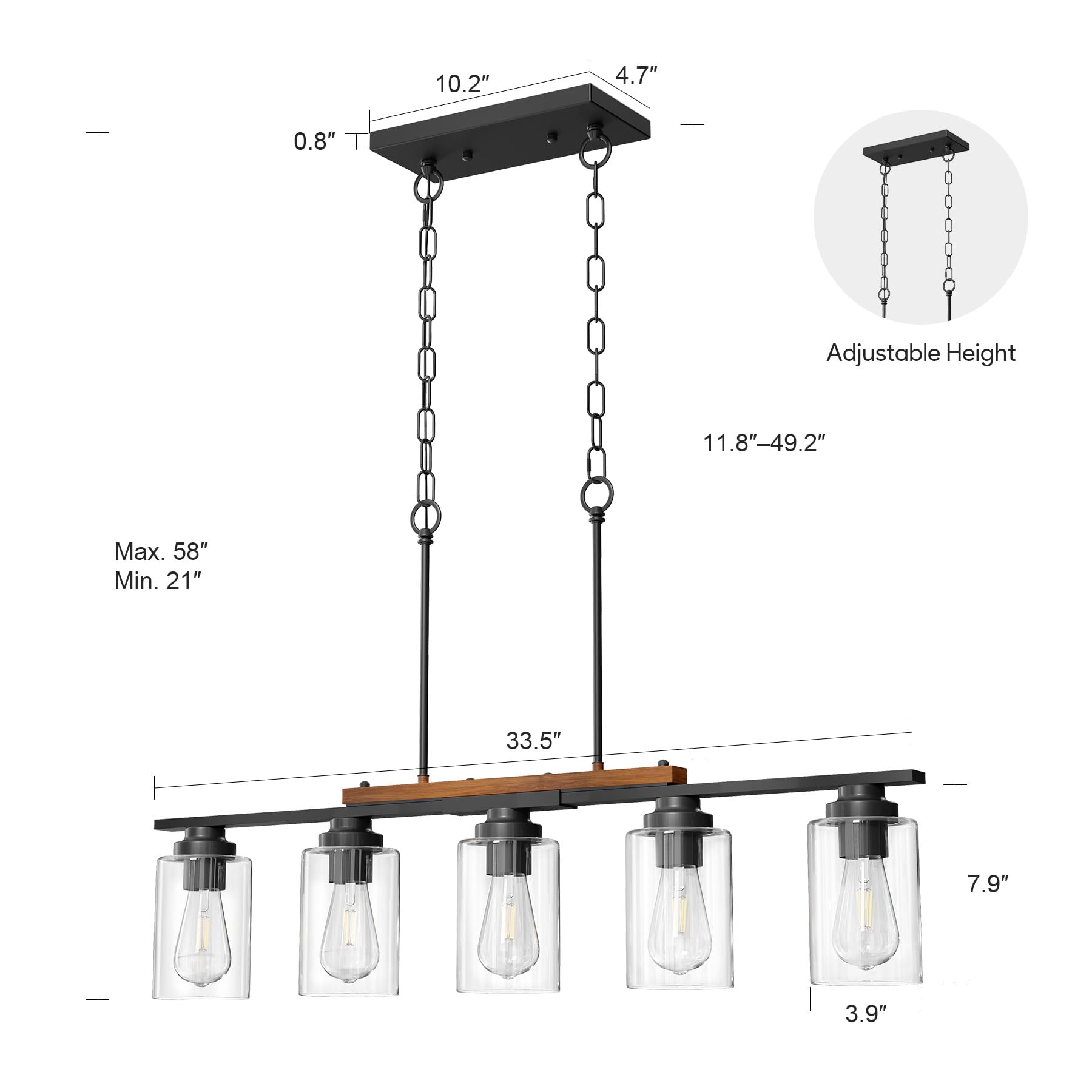 Vonluce Dining Room Light Fixture Over Table, 5-Light Kitchen Island Lighting With Glass Shade And Adjustable Rods, Farmhouse Li