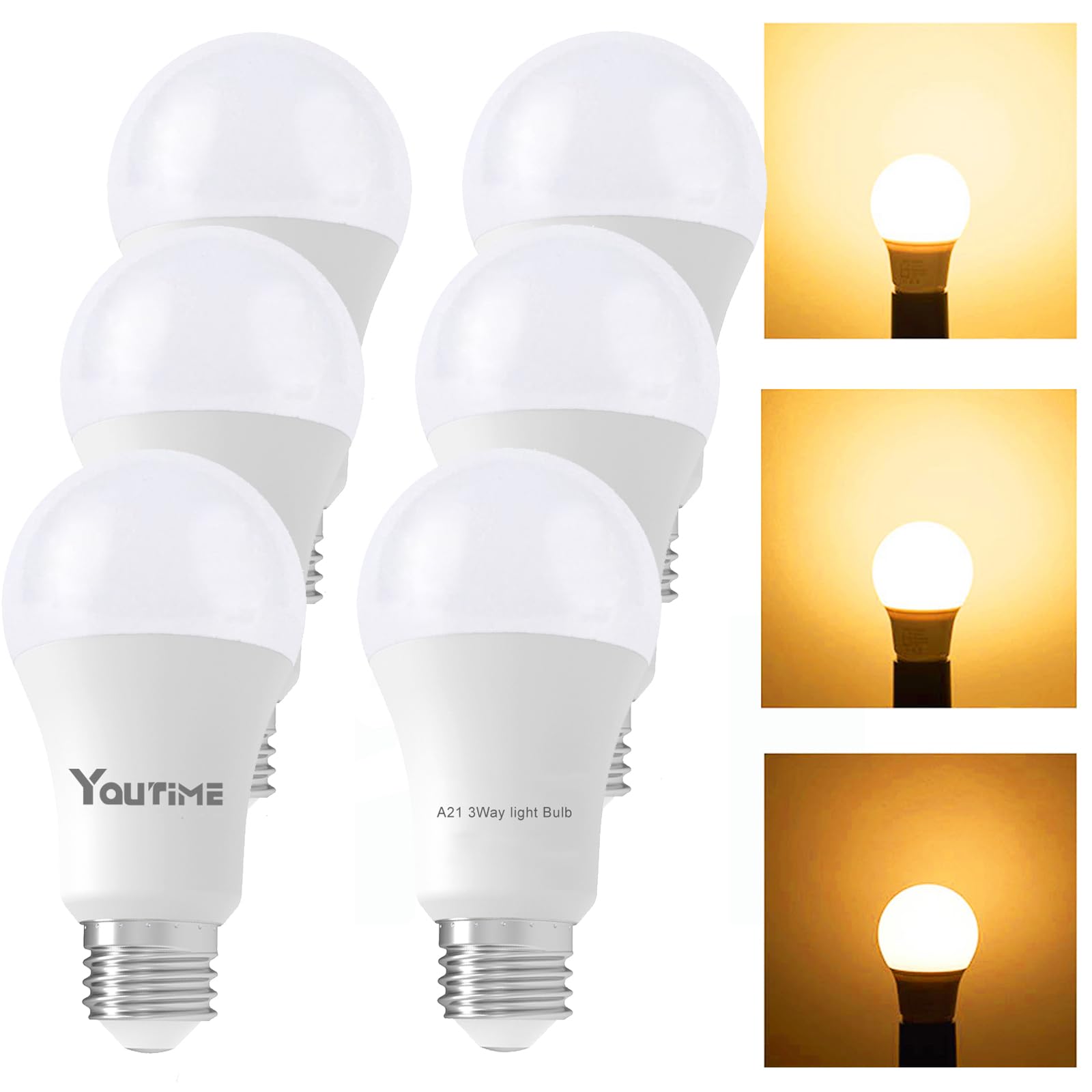 Youtime 3 Way LED Light Bulbs, Warm White 3000K, E26 Medium Base, 50-100-150W Equivalent, 6 Count, Soft White
